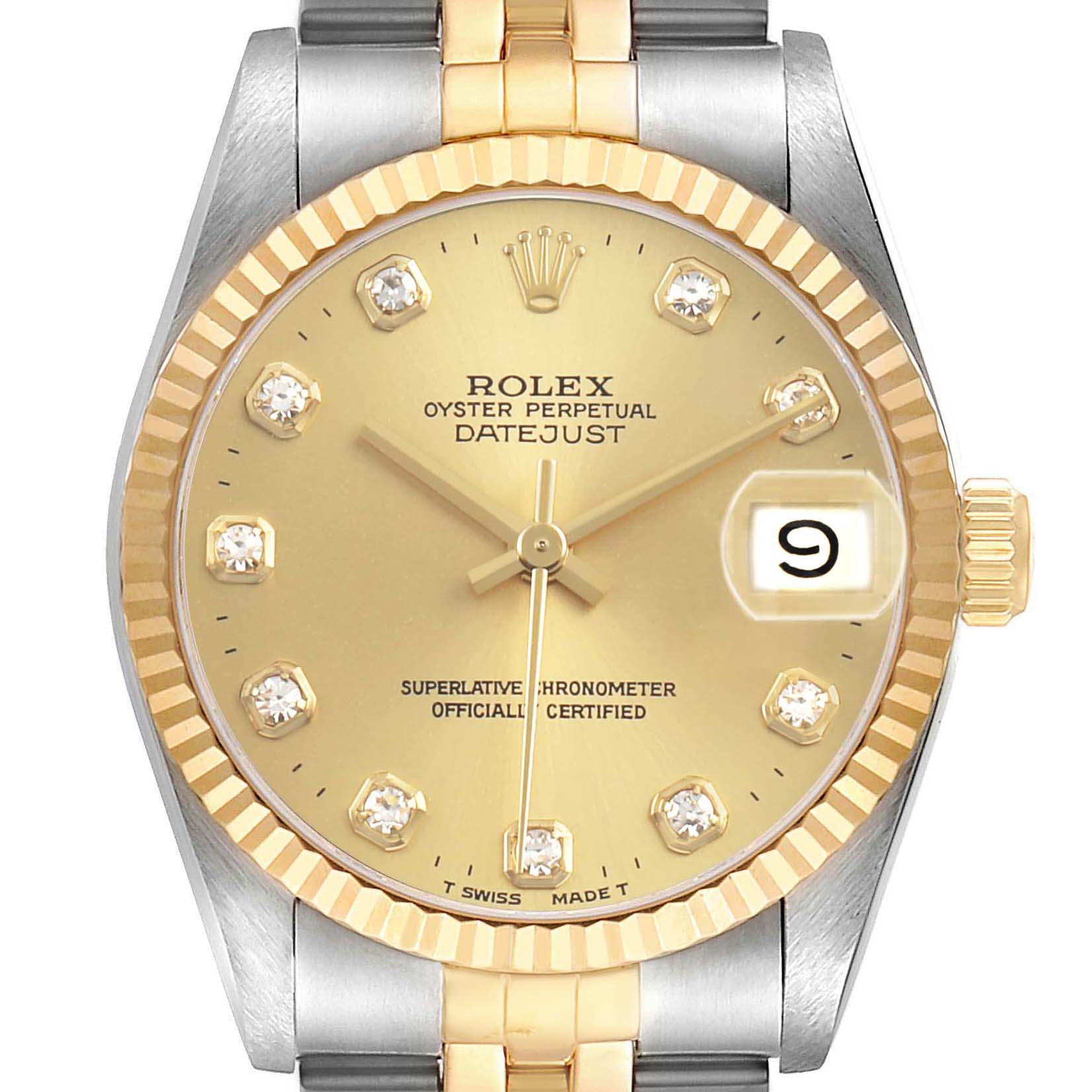 The image shows a frontal view of a Rolex Datejust 68273 Women's Stainless Steel Champagne Dial watch, highlighting its face, bezel, and two-tone bracelet.
