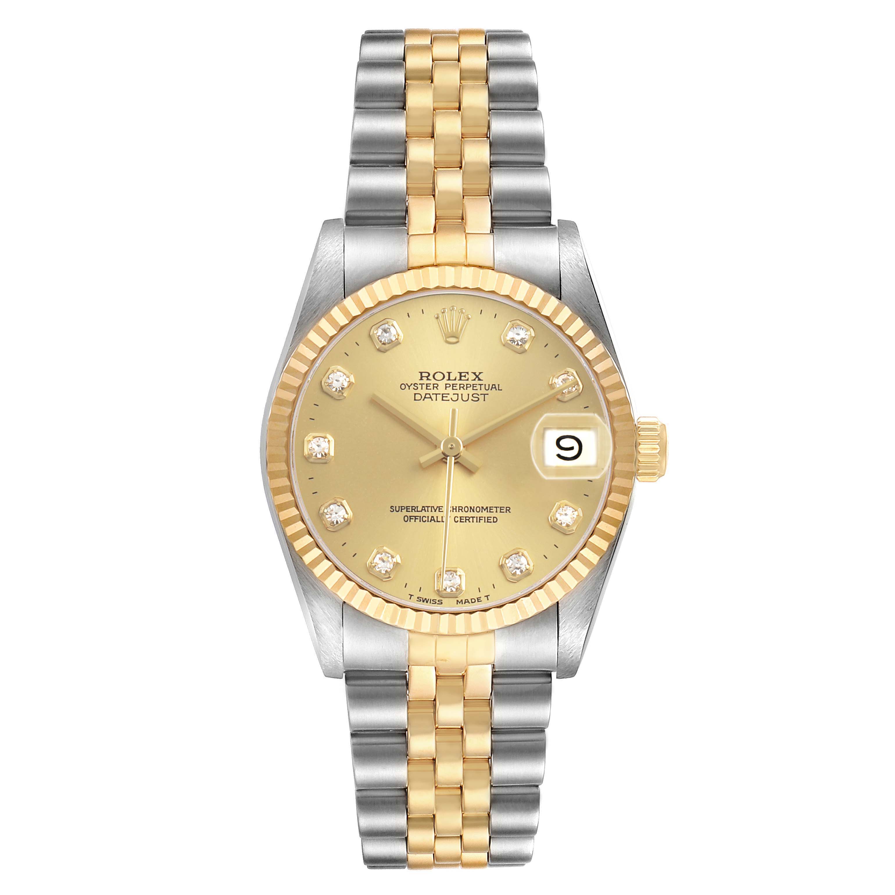 The Rolex Datejust 68273 Women's Stainless Steel Champagne Dial watch is shown from a front angle displaying its face, bezel, crown, and Jubilee bracelet.