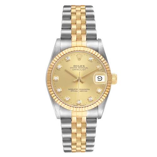 The Rolex Datejust 68273 Women's Steel and Gold (two tone) Champagne Dial watch is shown from the front, highlighting its face, fluted bezel, and two-tone Jubilee bracelet.
