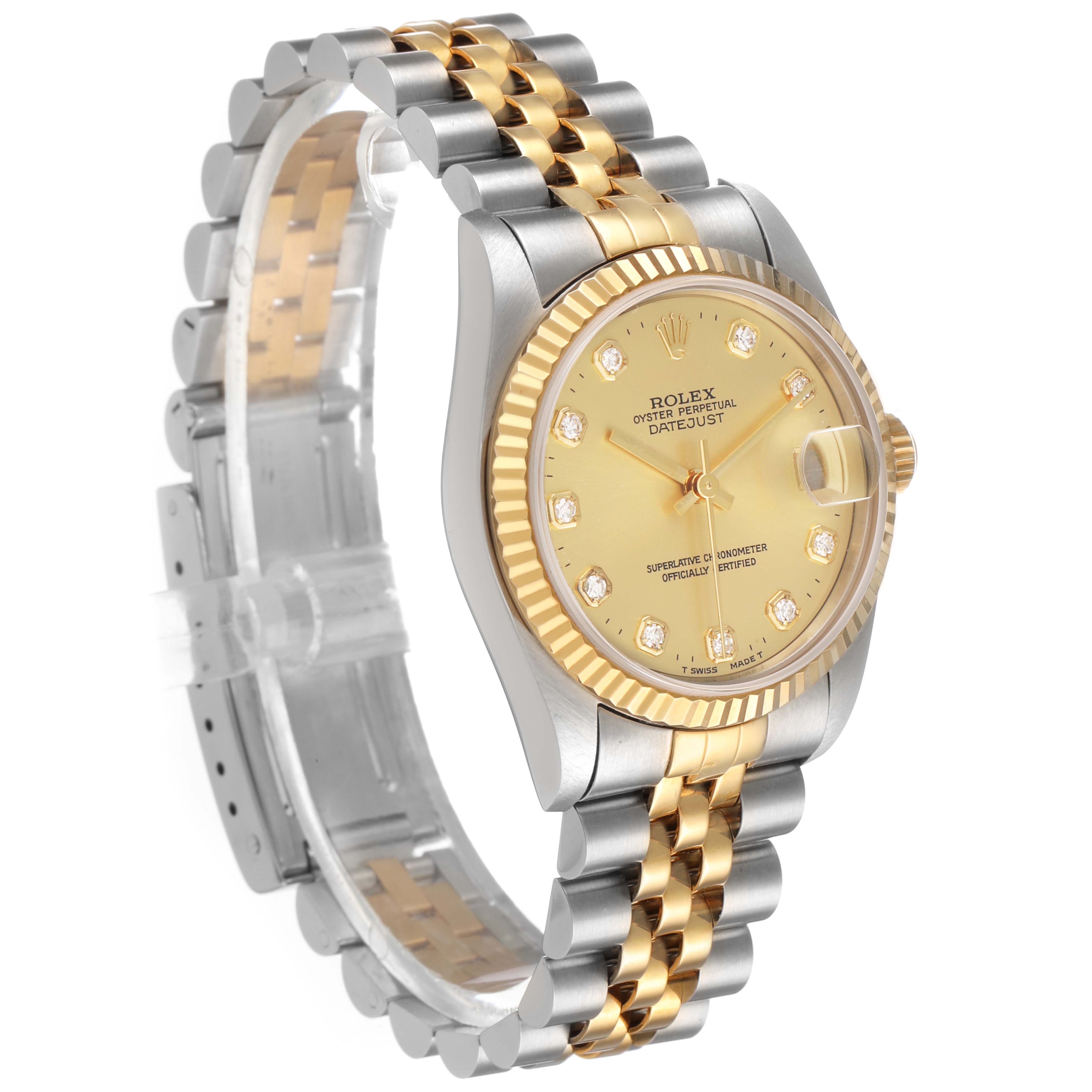 The Rolex Datejust 68273 Women's Stainless Steel Champagne Dial watch is shown from a front-right angle, highlighting the dial, fluted bezel, and two-tone bracelet.