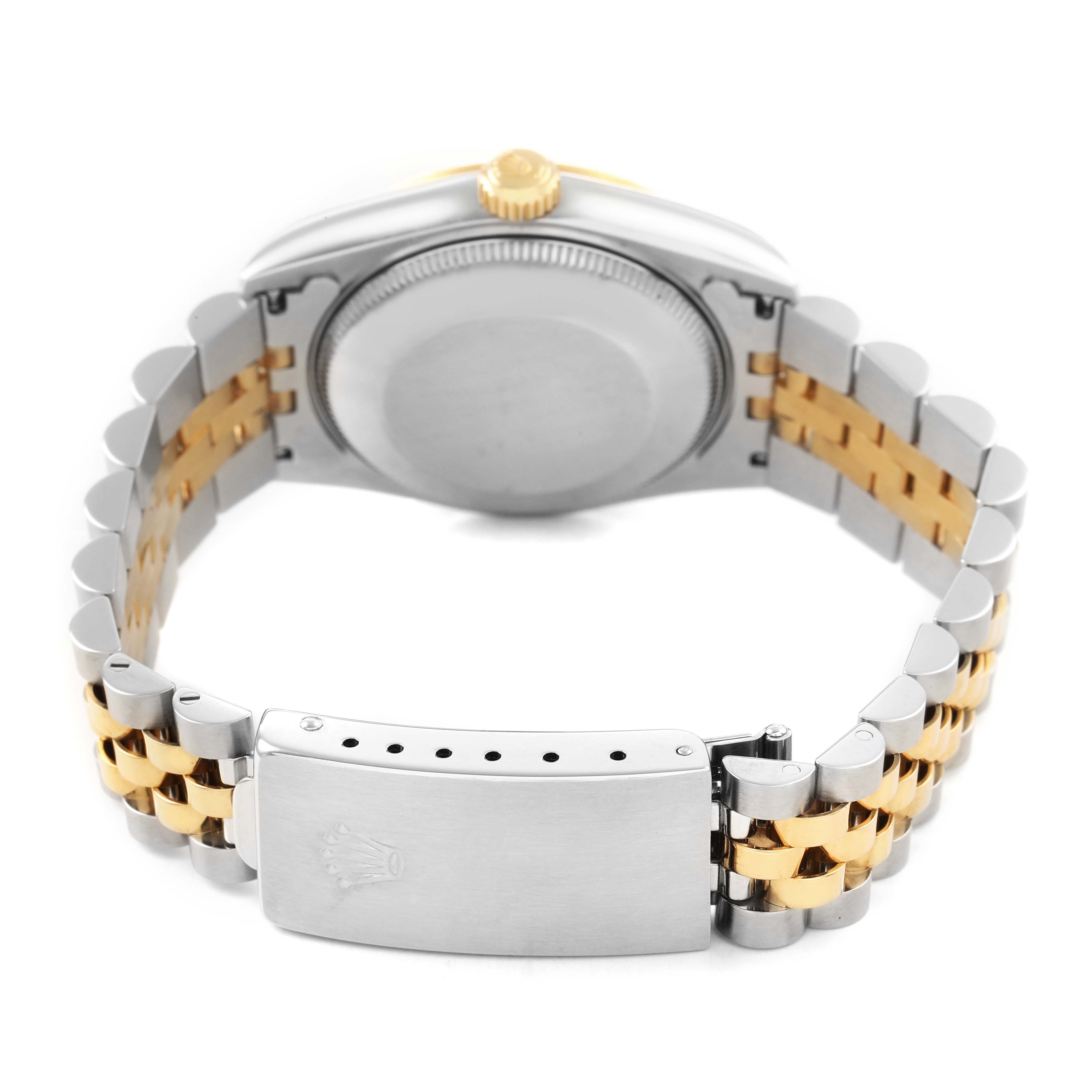 The Rolex Datejust 68273 Women's Stainless Steel Champagne Dial is shown from the back, highlighting the case back, crown, and two-tone jubilee bracelet with clasp.
