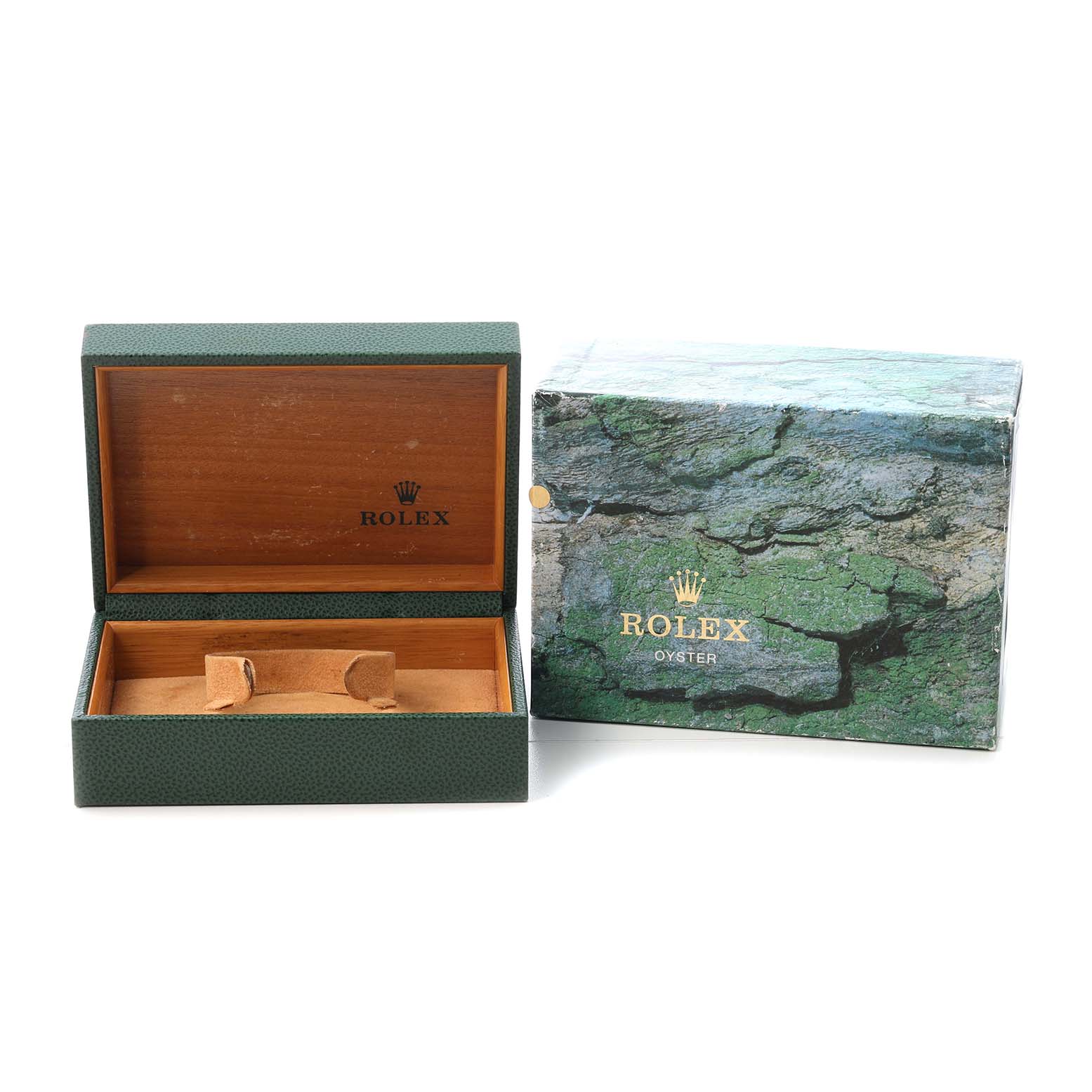 The image shows a Rolex Datejust 68273 Women's Stainless Steel Champagne Dial box with its outer green sleeve and the open interior box visible.