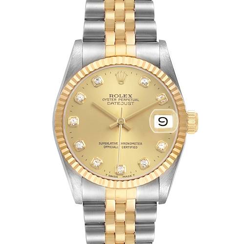 The Rolex Mid-Size 68273 Women's Steel and Gold (two tone) Champagne Dial Datejust watch is shown from a front angle, displaying the dial, hands, date window, and bracelet.