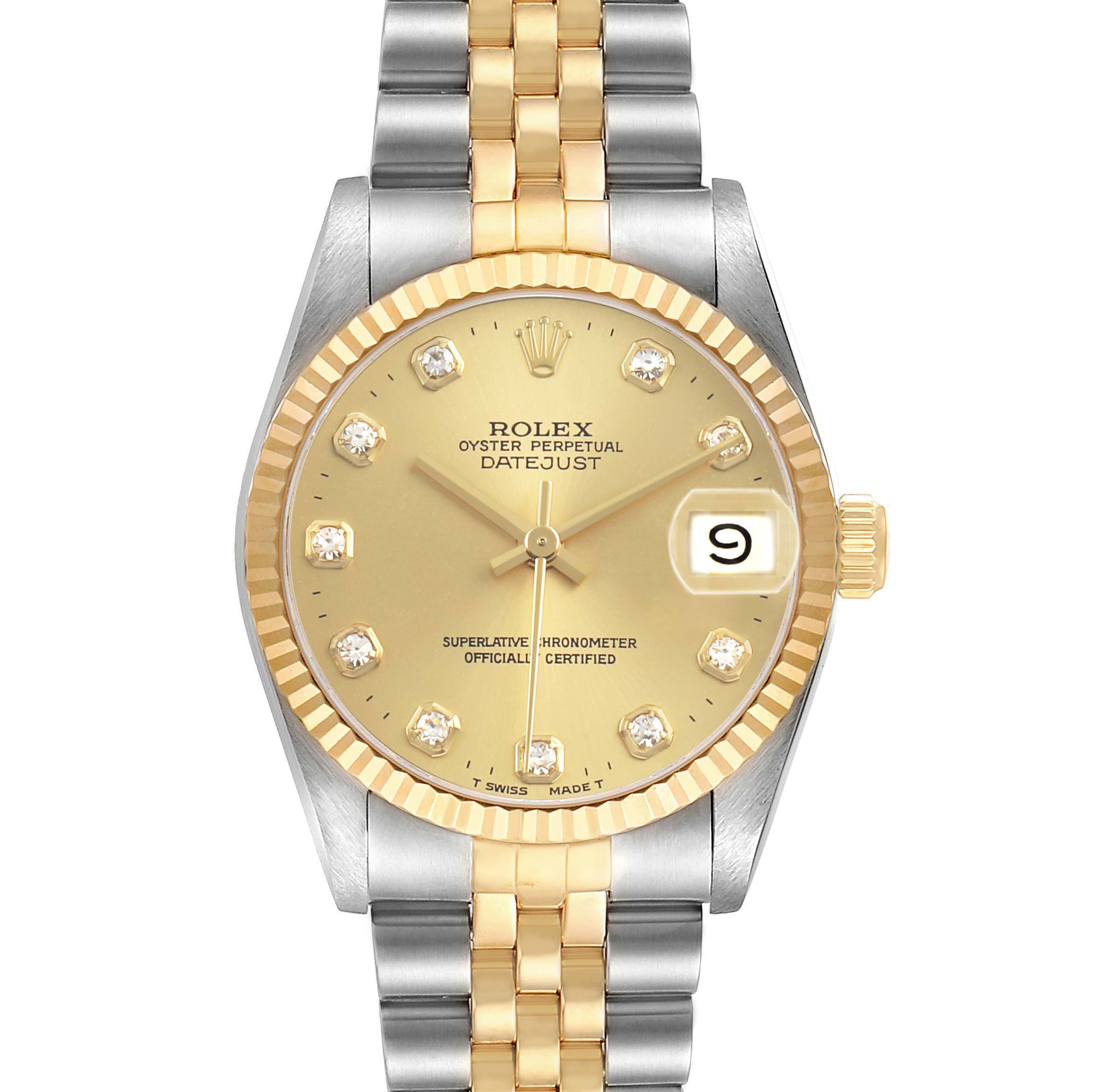 The Rolex Datejust Mid-Size watch is shown from the front, displaying its dial, bezel, and bracelet.