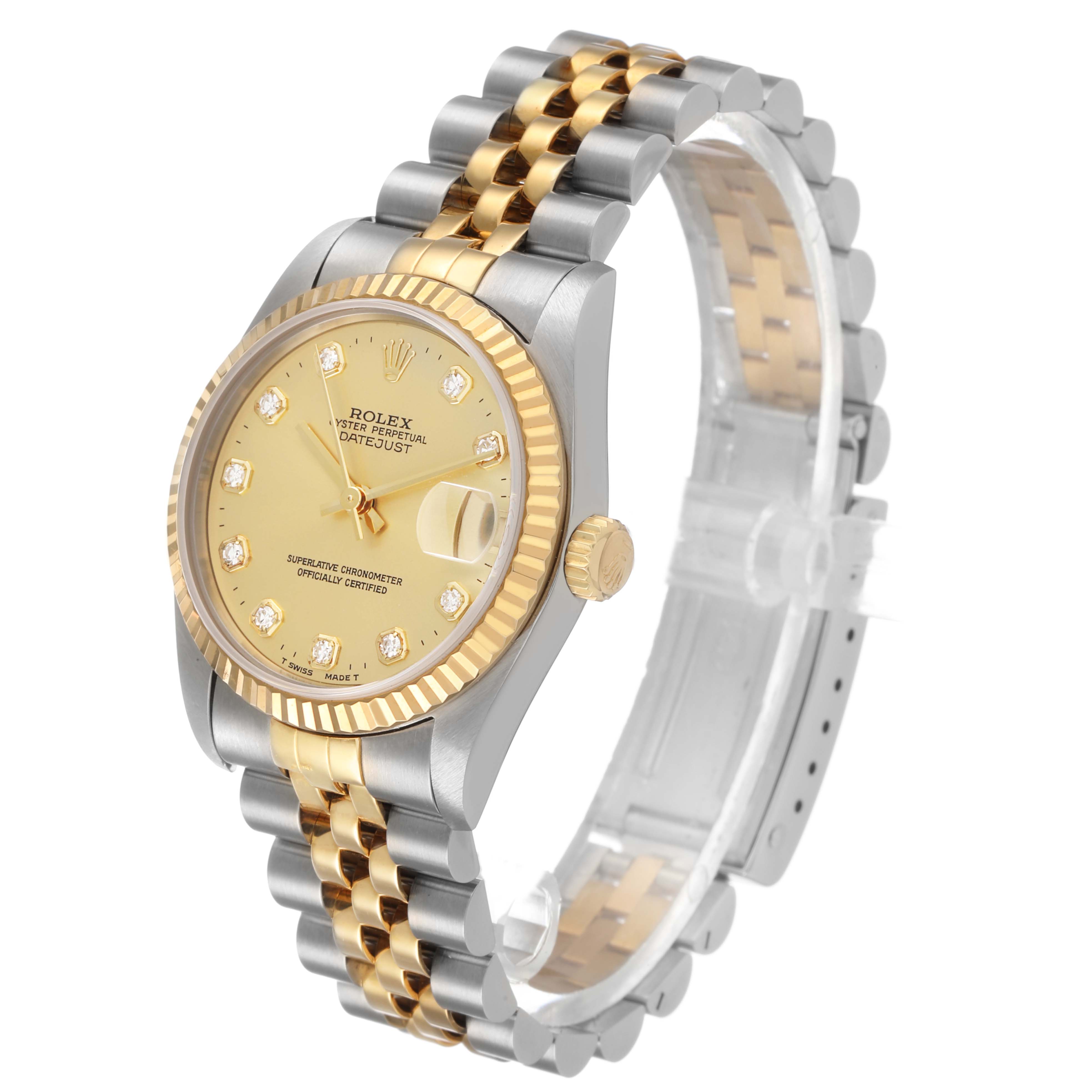 The Rolex Datejust 68273 Women's Stainless Steel Champagne Dial is shown at a three-quarter angle, highlighting the gold dial, fluted bezel, and two-tone bracelet.