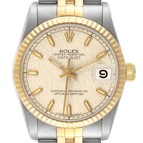 The Rolex Datejust Mid-Size model is shown from the front, displaying the dial, hands, bezel, crown, and part of the bracelet.