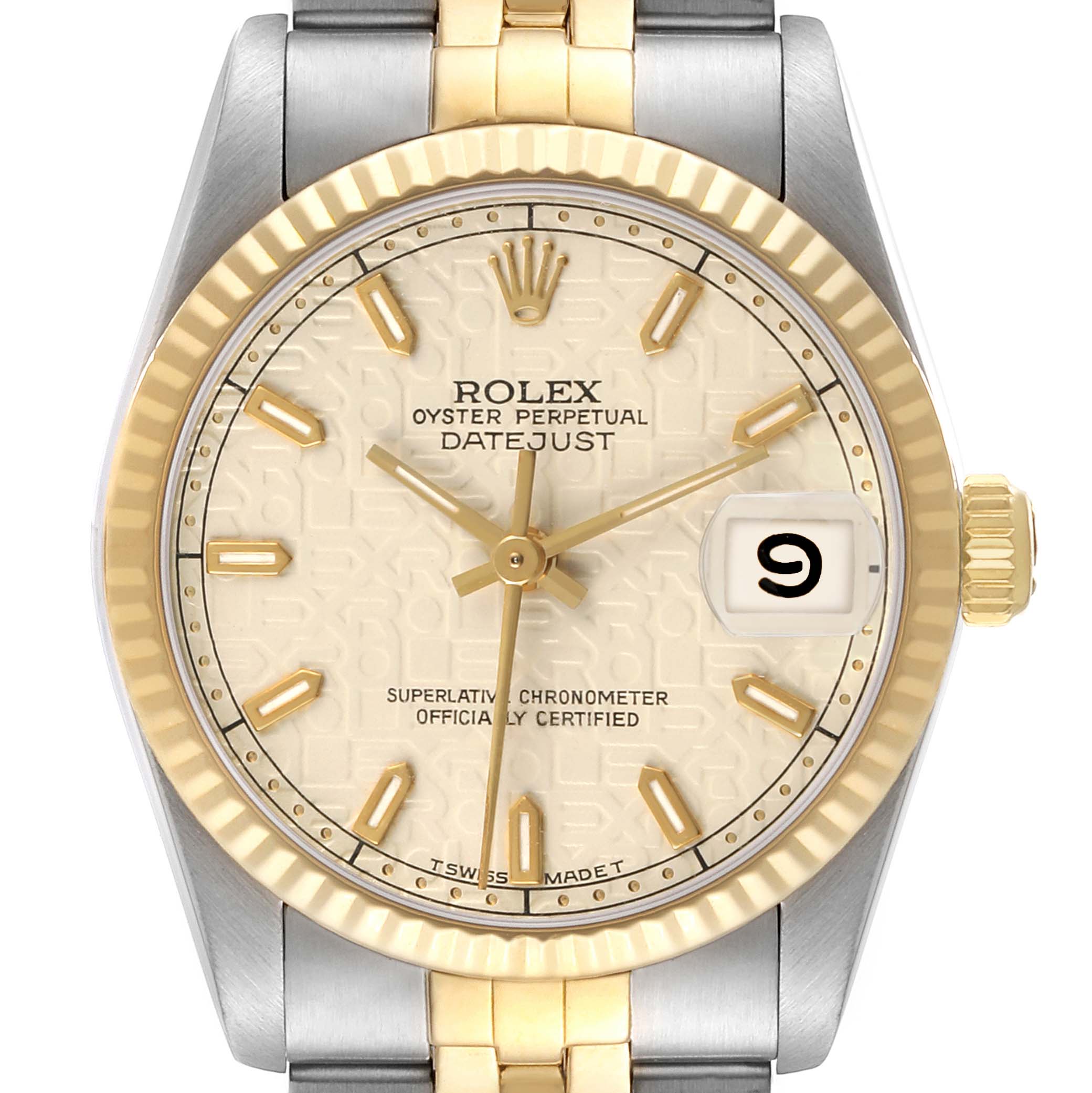 The Rolex Datejust Mid-Size watch is shown from a frontal angle, highlighting the bezel, dial, hands, and bracelet.