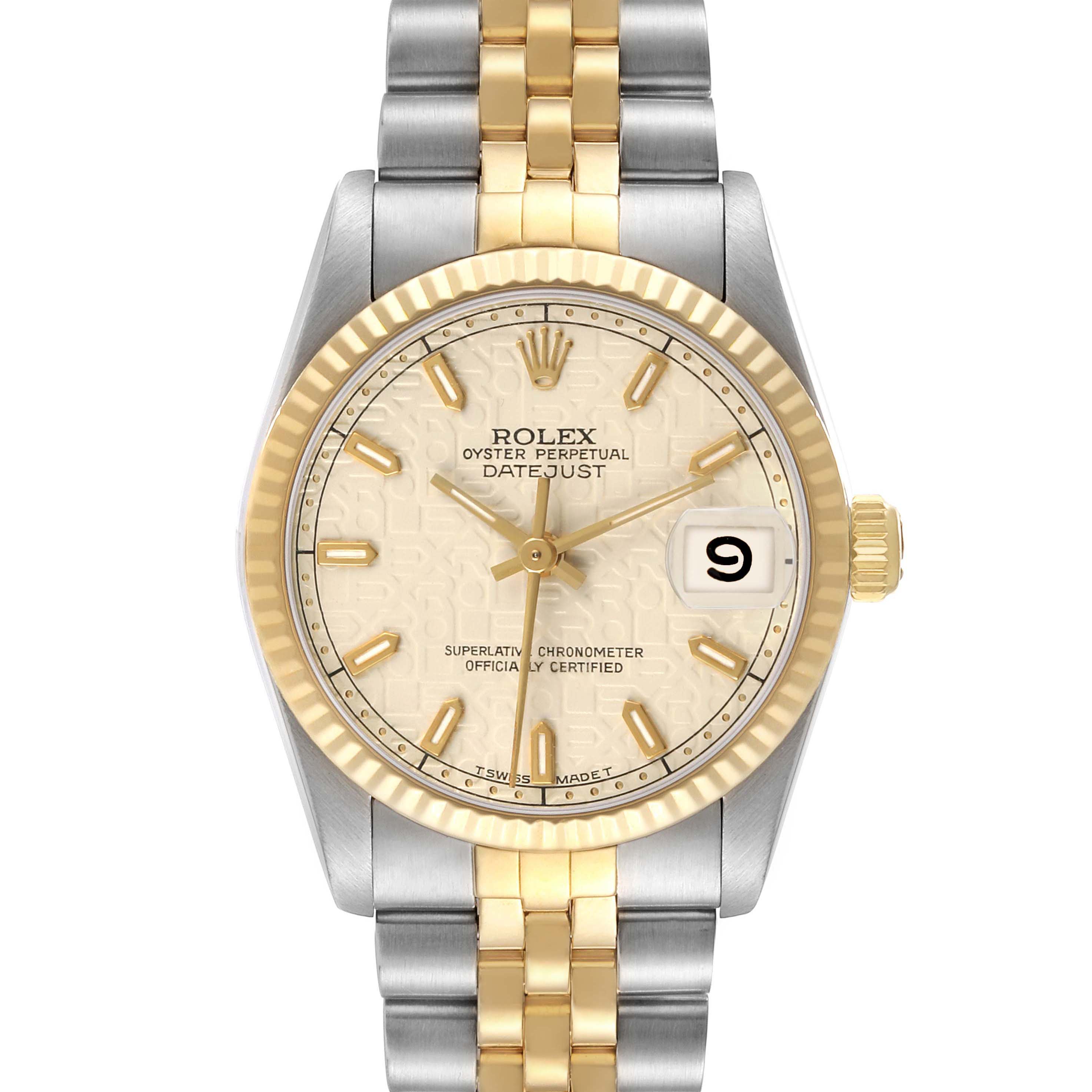The Rolex Datejust Mid-Size is shown from the front, highlighting its two-tone bracelet, fluted bezel, and date window.