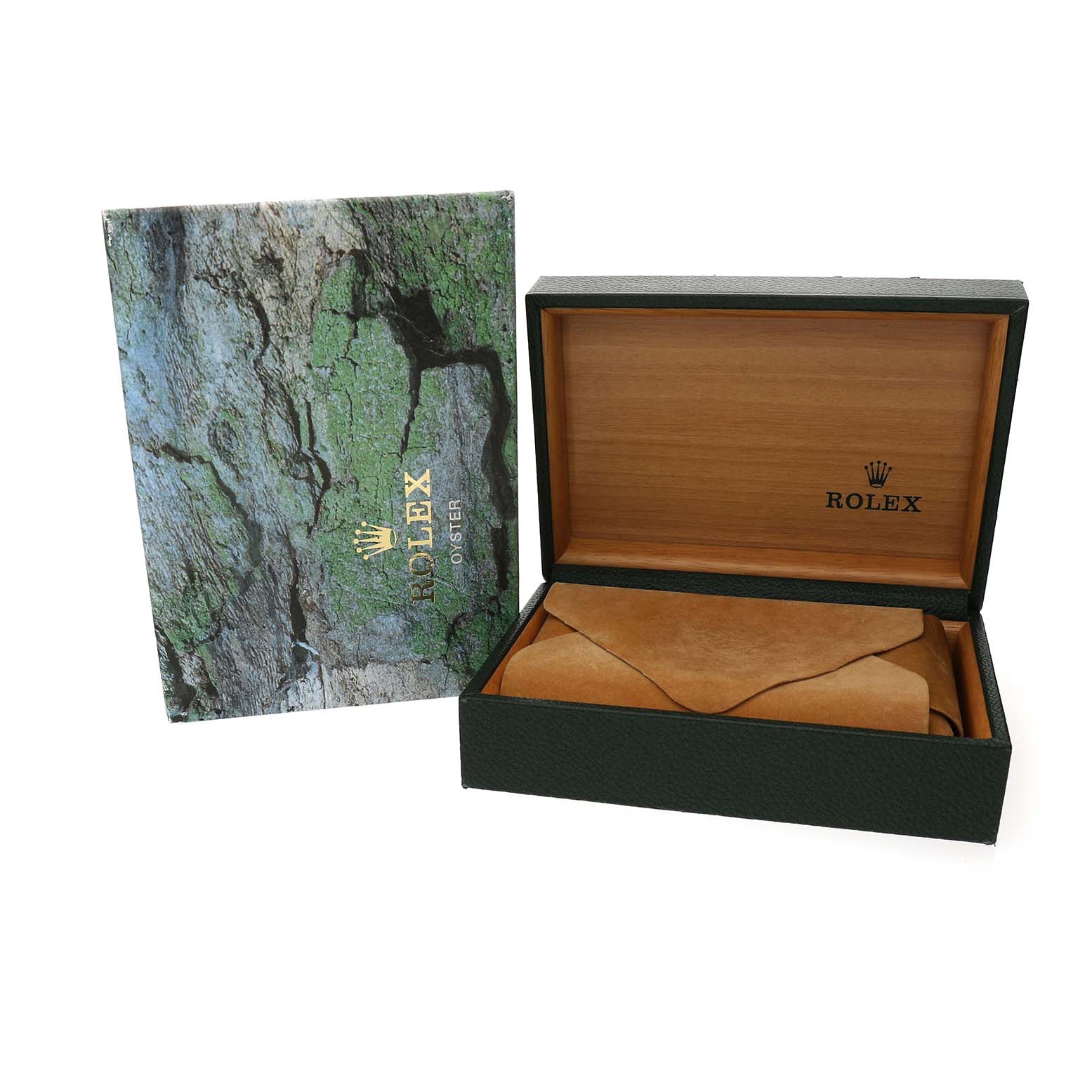The image shows a Rolex Mid-Size 68273 Women's Steel and Gold (two tone) Beige Dial watch box and packaging, featuring an open box and an exterior cover with a nature-themed design.
