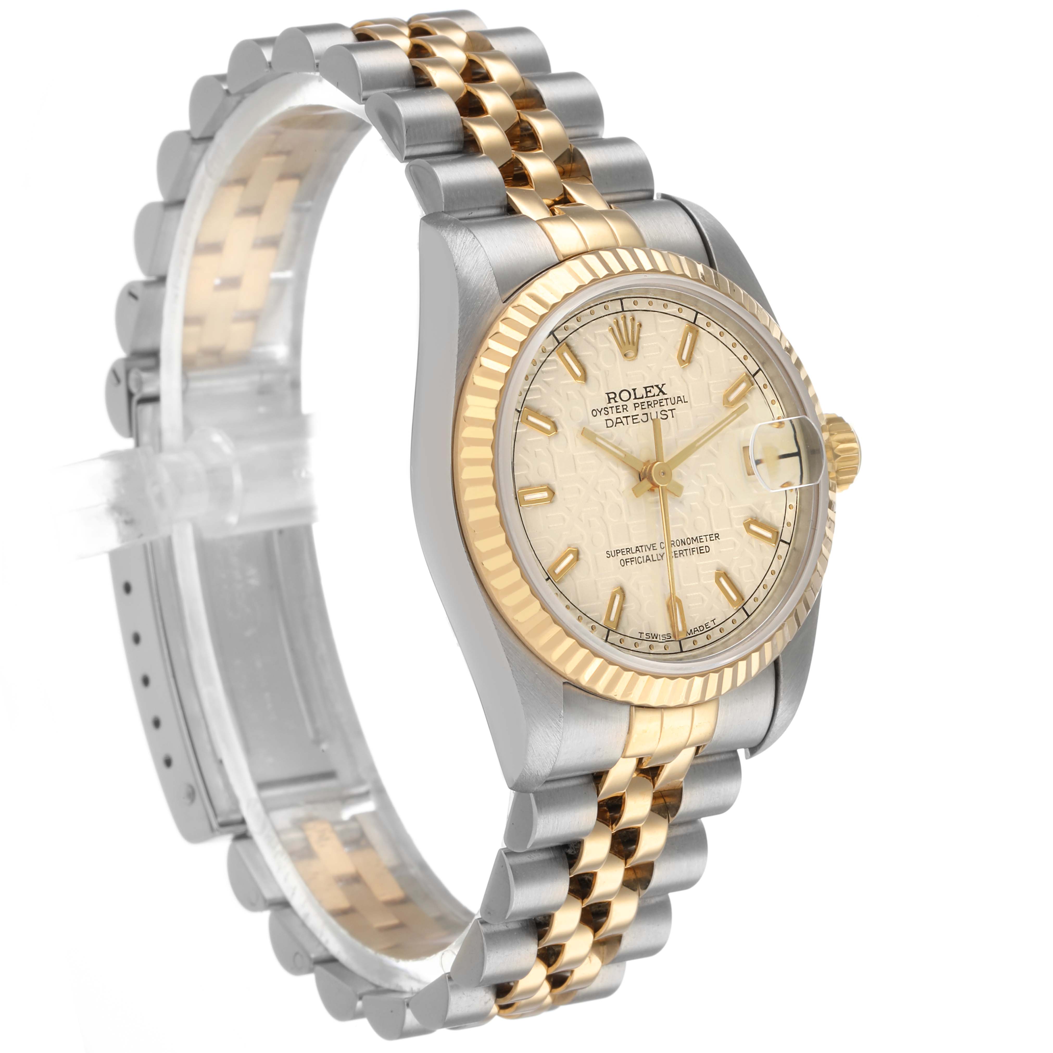 The image shows a Rolex Mid-Size 68273 Women's Steel and Gold (two tone) Beige Dial Datejust watch at a three-quarter angle, highlighting the face, bezel, and bracelet.