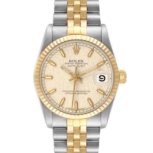 The Rolex Mid-Size 68273 Women's Steel and Gold (two tone) Beige Dial watch is shown from the front, highlighting its face, bezel, and two-tone bracelet.