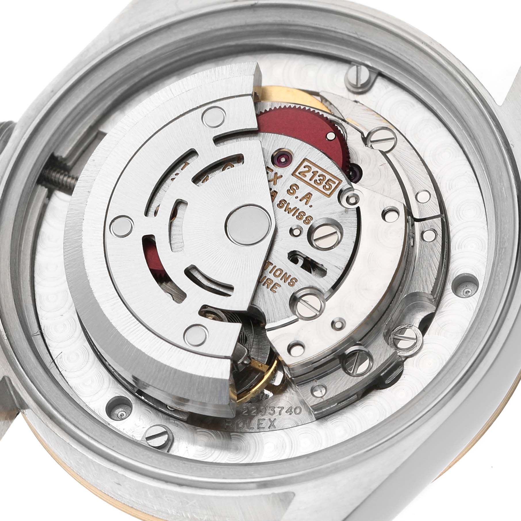 The image shows the movement mechanism of a Mid-Size Rolex watch viewed from the back, highlighting the rotor and components.