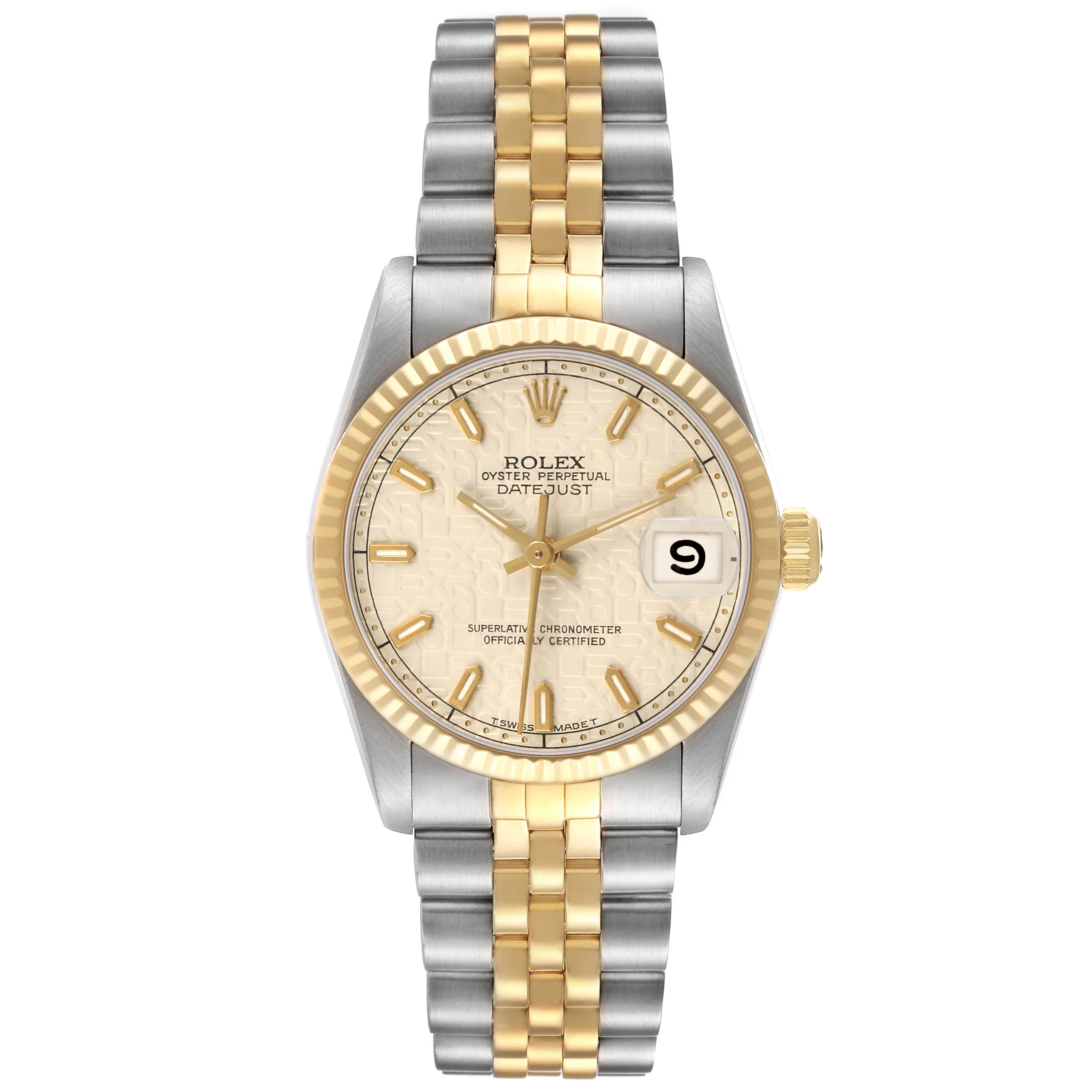 The Rolex Mid-Size 68273 Women's Steel and Gold (two tone) Beige Dial watch is shown from a top-down angle, displaying its gold and silver bracelet, bezel, and dial.