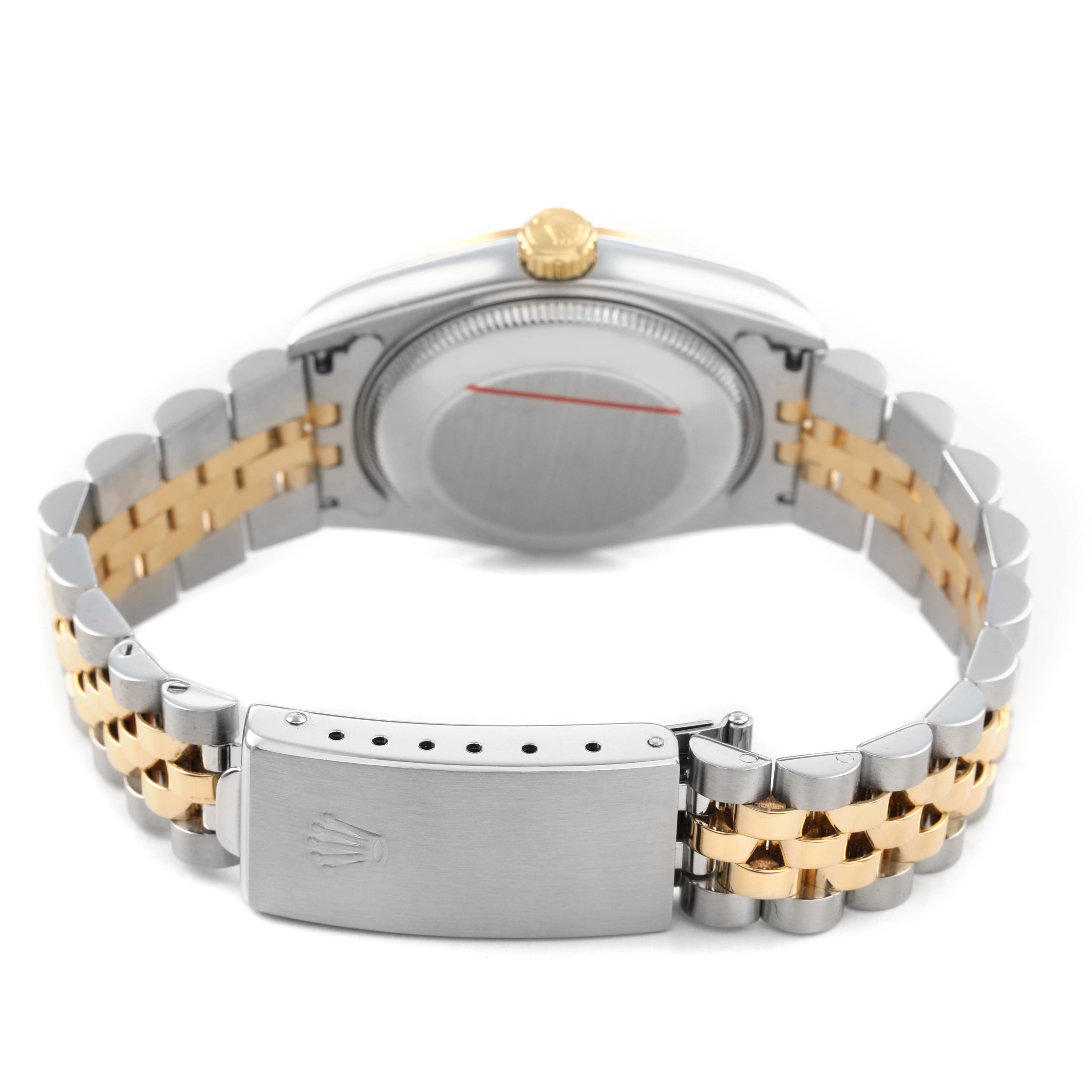 The image shows the back view of a Rolex Mid-Size 68273 Women's Steel and Gold (two tone) Beige Dial watch, highlighting the case back, bracelet, and clasp.