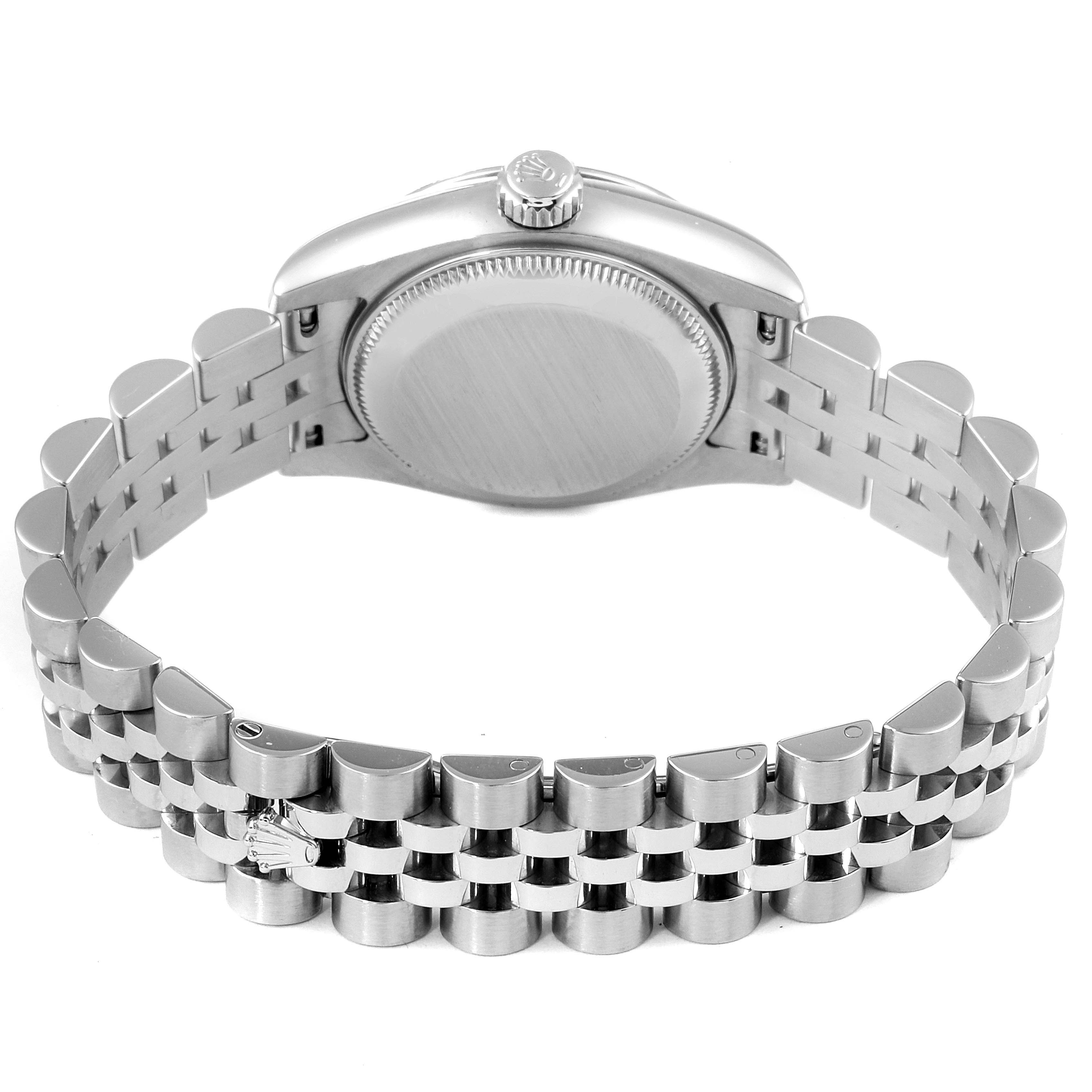The image shows the case back and bracelet of the Rolex Datejust 179174 Women's Stainless Steel Mother of Pearl Dial 179174 Women's Stainless Steel Mother of Pearl Dial watch from a rear view.