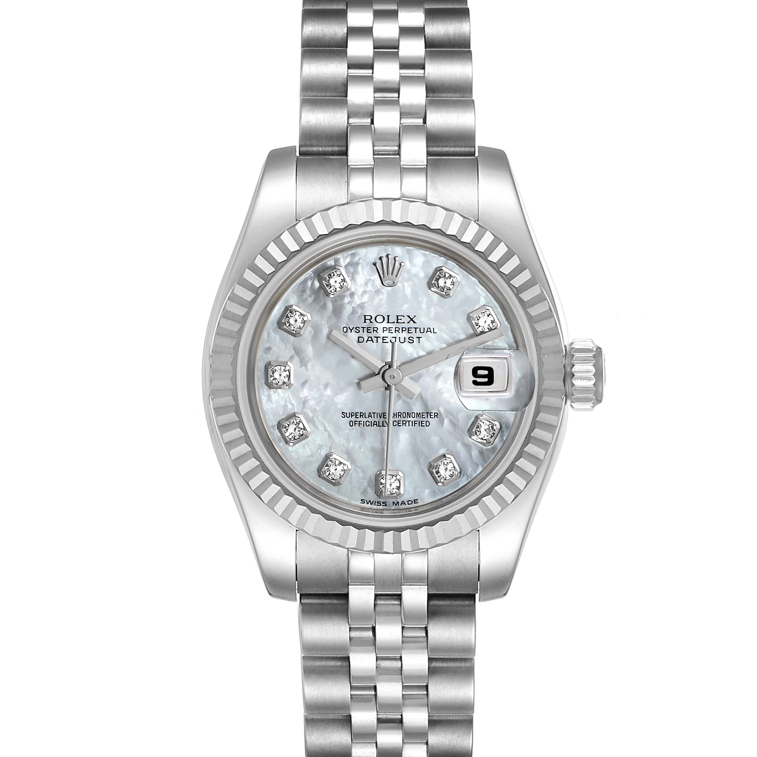 The image shows a front view of a Rolex Datejust 179174 Women's Stainless Steel Mother of Pearl Dial 179174 Women's Stainless Steel Mother of Pearl Dial watch, highlighting its dial, bezel, crown, and bracelet.
