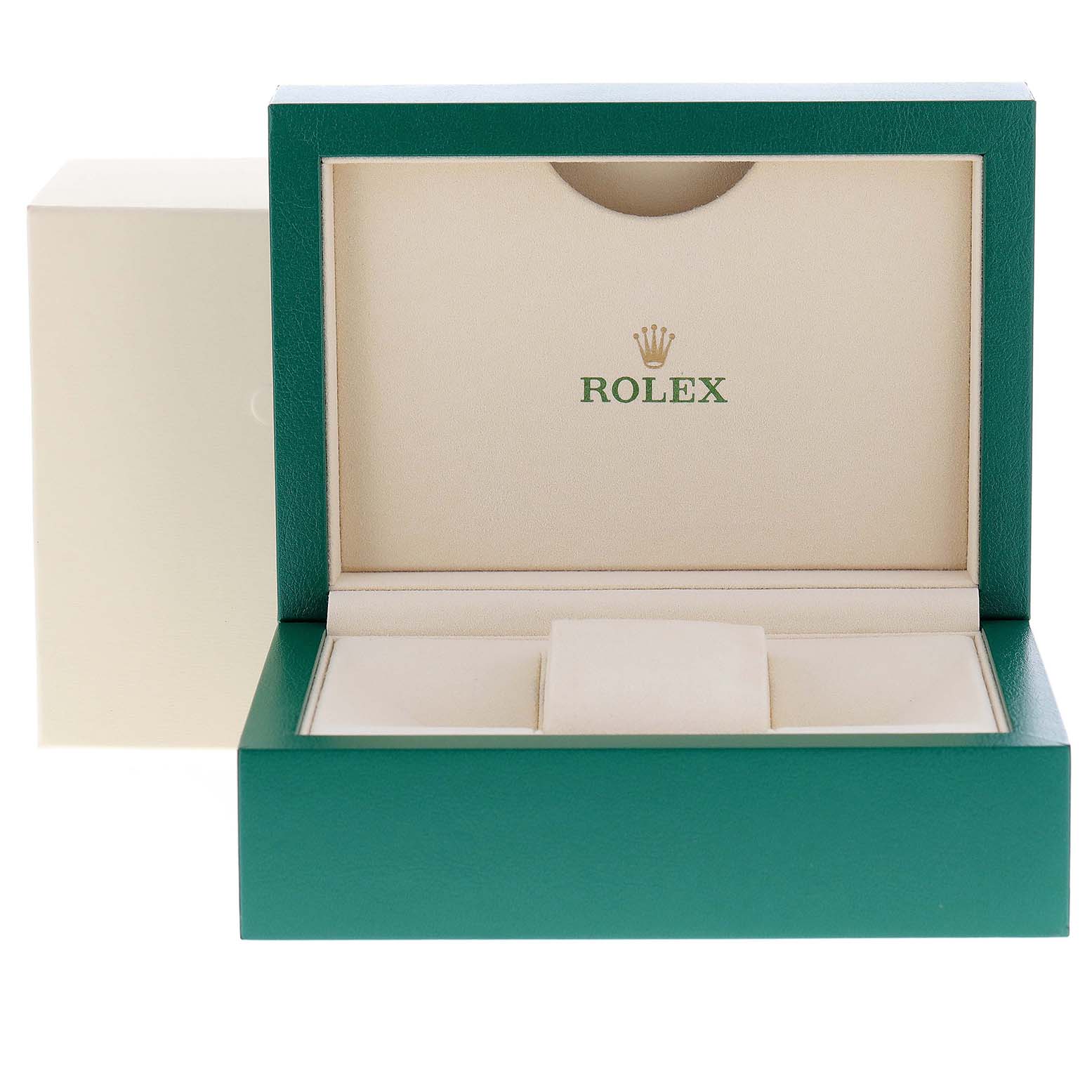 The image shows an open green and beige Rolex Datejust 179174 Women's Stainless Steel Mother of Pearl Dial 179174 Women's Stainless Steel Mother of Pearl Dial watch box without the watch inside.