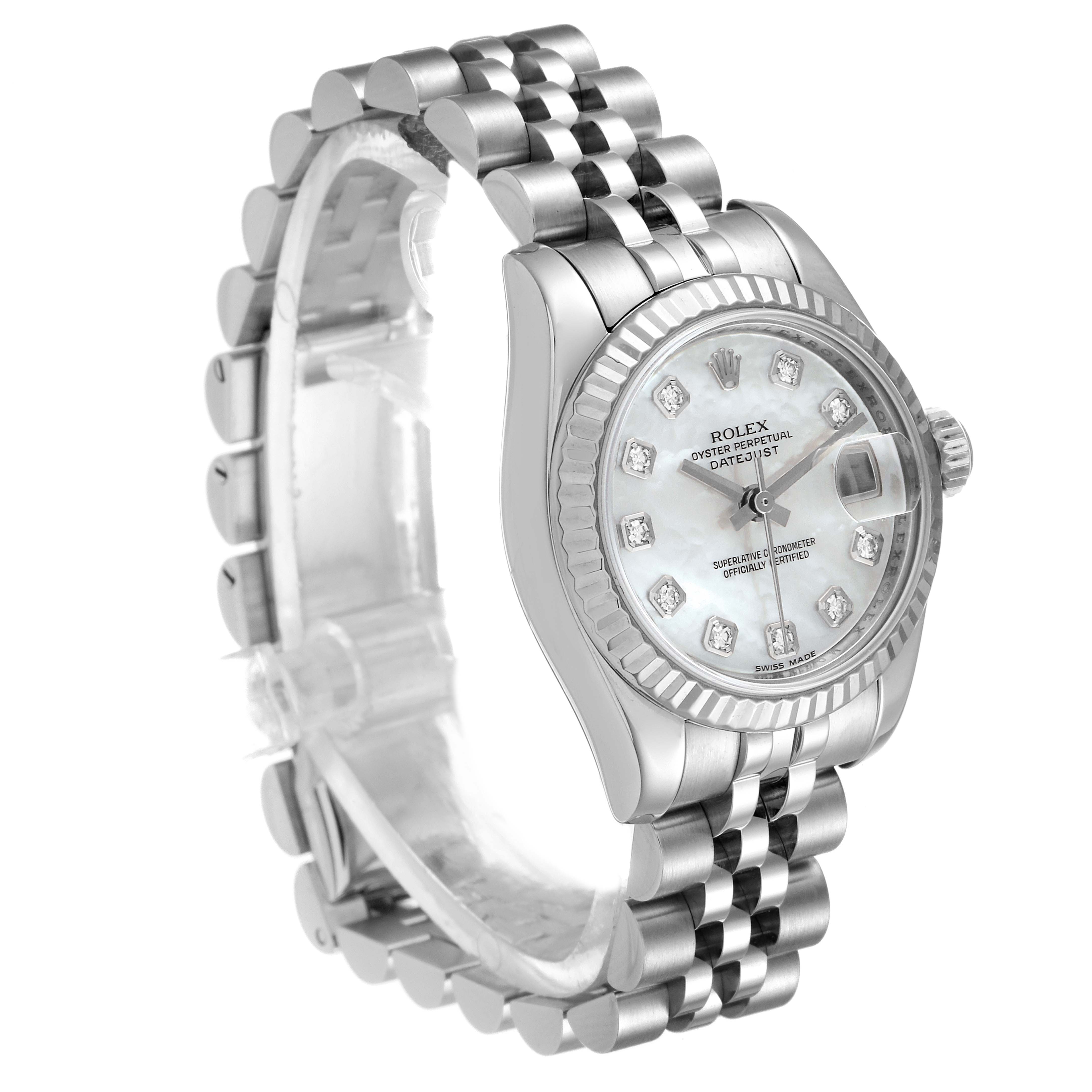 The Rolex Datejust 179174 Women's Stainless Steel Mother of Pearl Dial 179174 Women's Stainless Steel Mother of Pearl Dial watch is shown at an angled view, displaying its face, bezel, crown, and Jubilee bracelet.