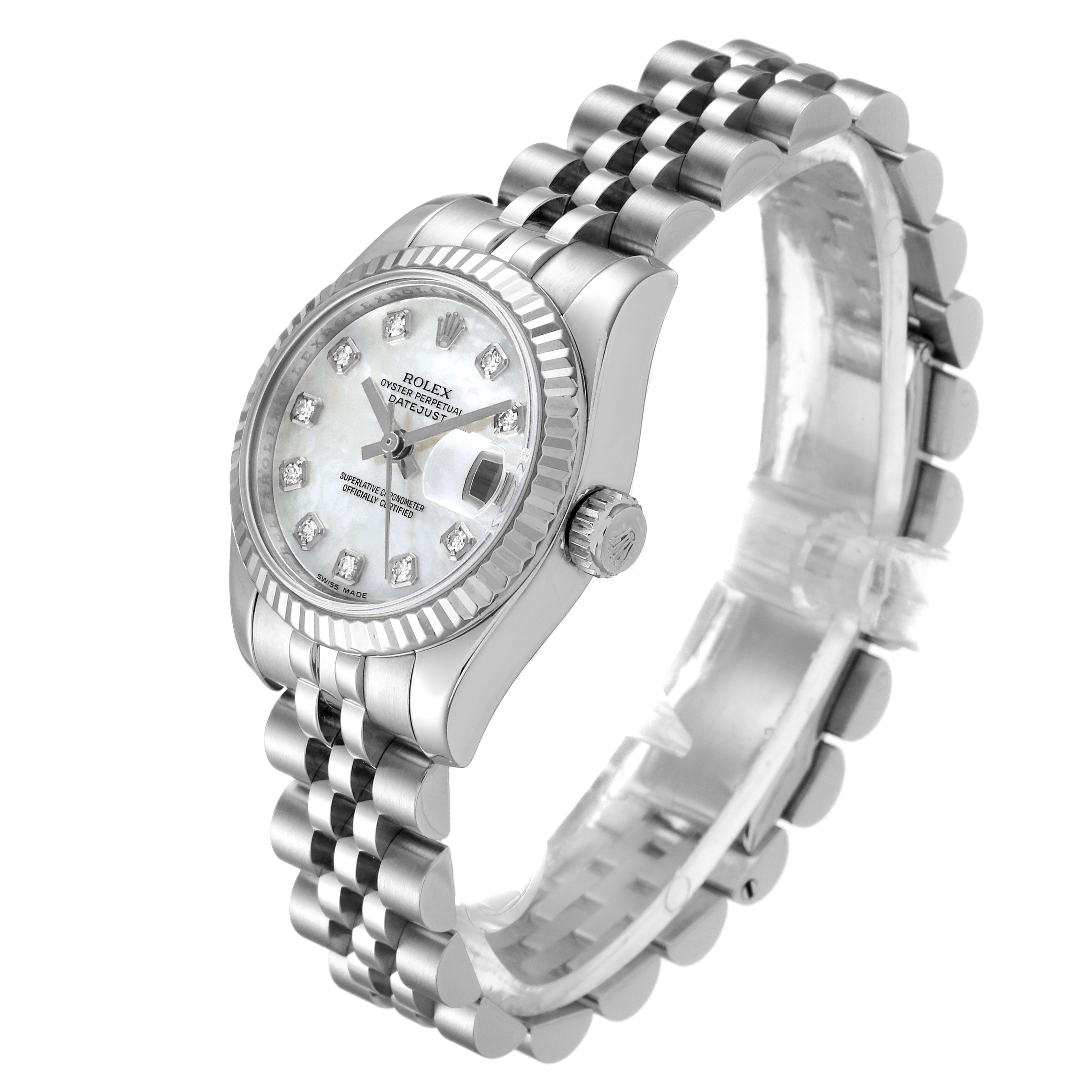 The Rolex Datejust 179174 Women's Stainless Steel Mother of Pearl Dial 179174 Women's Stainless Steel Mother of Pearl Dial watch is shown at an angle highlighting the face, bezel, and bracelet.