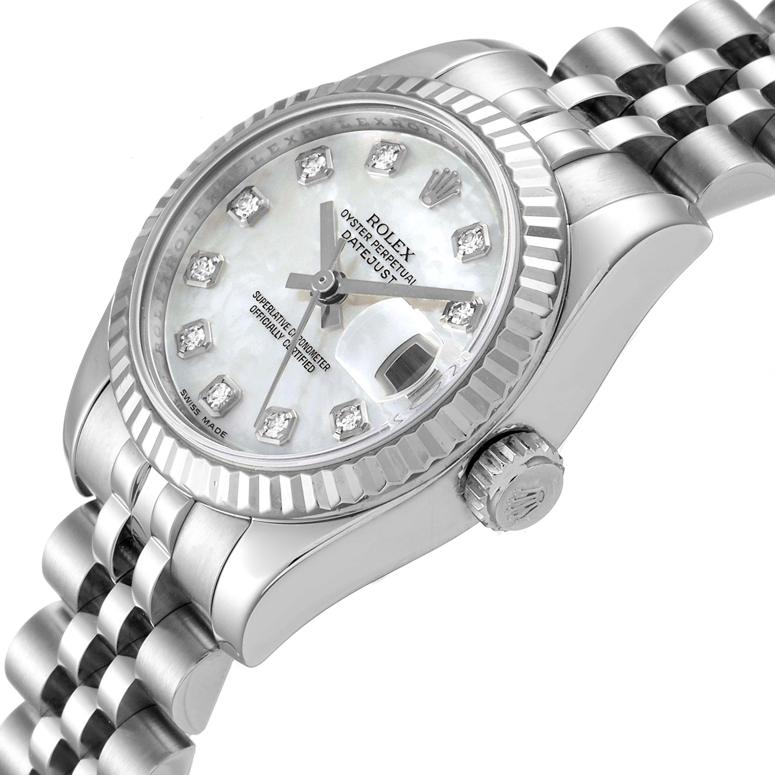 The image shows a close-up, angled view of a Rolex Datejust 179174 Women's Stainless Steel Mother of Pearl Dial 179174 Women's Stainless Steel Mother of Pearl Dial watch, highlighting the bezel, dial, crown, and part of the bracelet.