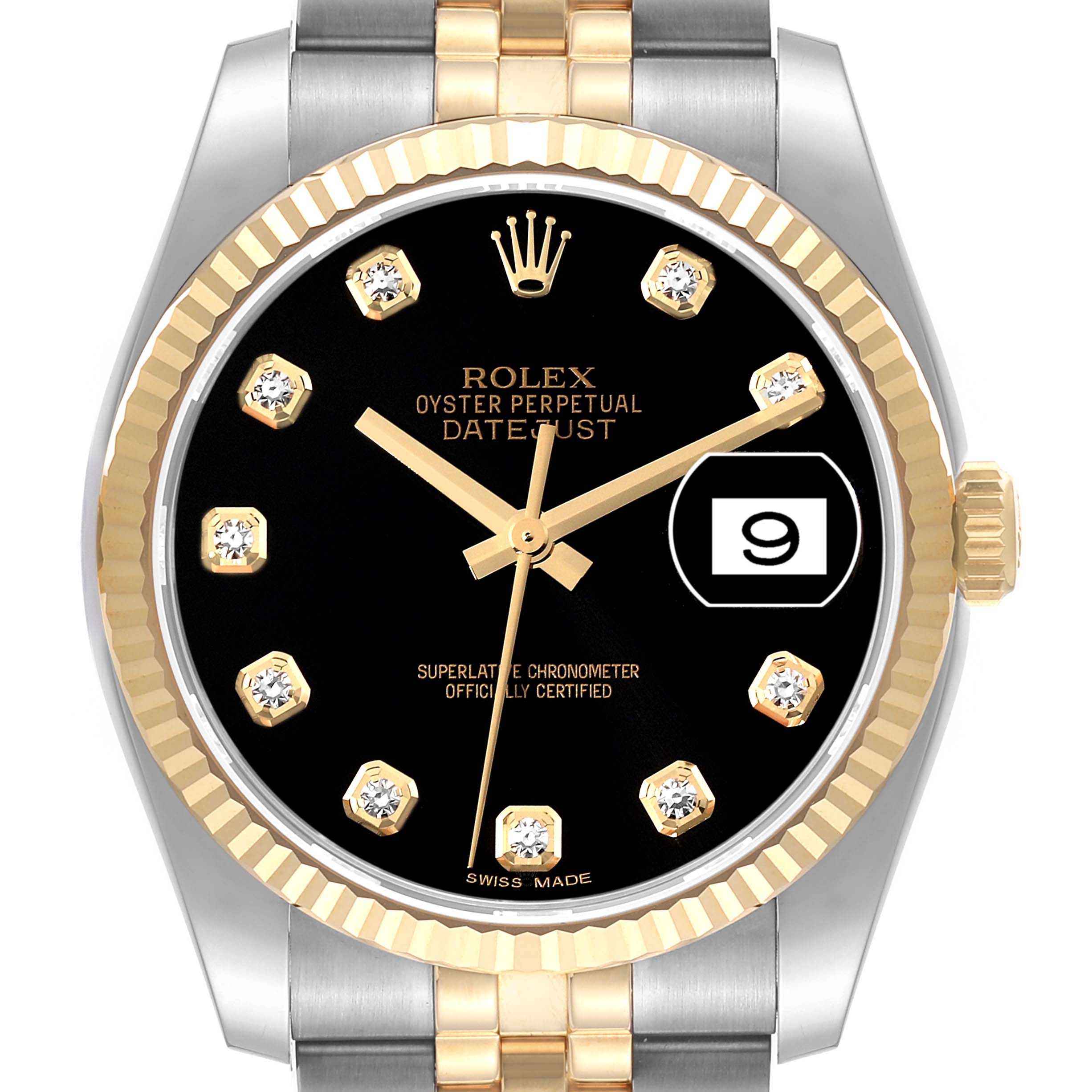 The image shows a frontal view of a Rolex Datejust 116233 Men's Steel and Gold (two tone) Black Dial 116233 Men's Steel and Gold (two tone) Black Dial watch featuring a black dial, diamond hour markers, and a two-tone bracelet.
