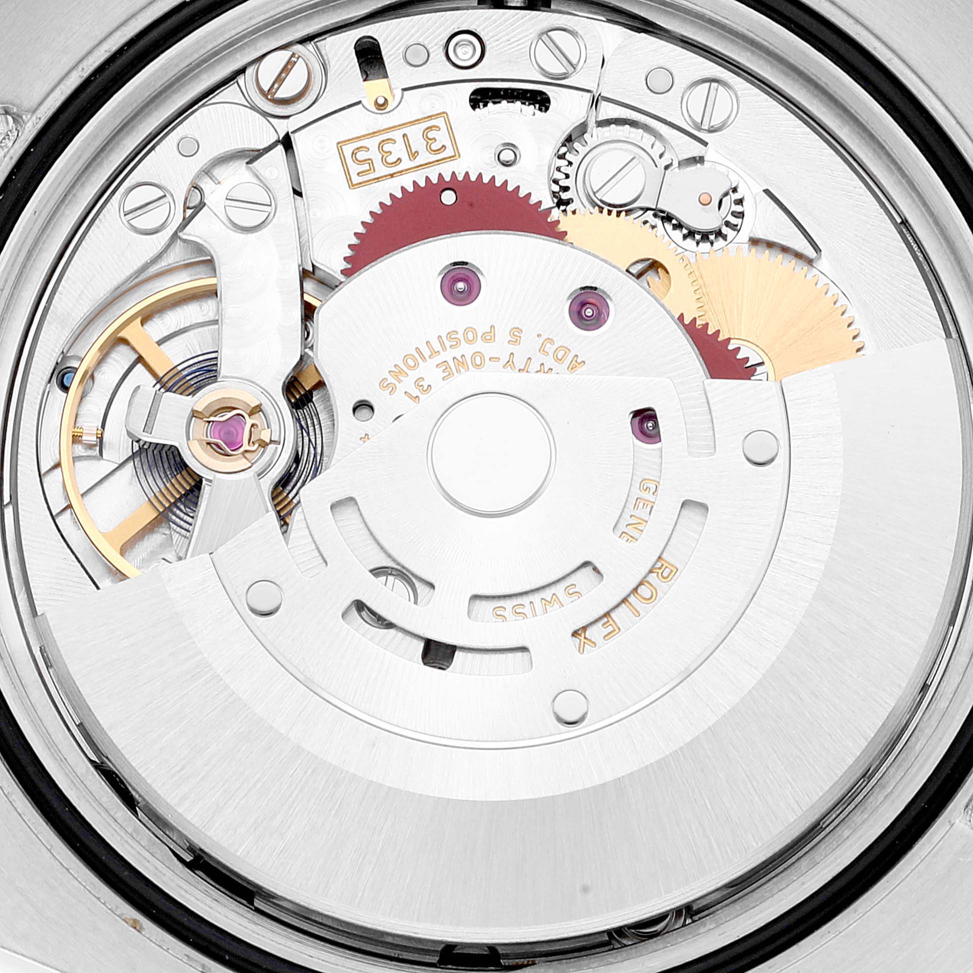 The image shows a close-up view of the movement mechanism inside a Rolex Datejust 116233 Men's Steel and Gold (two tone) Black Dial 116233 Men's Steel and Gold (two tone) Black Dial watch.