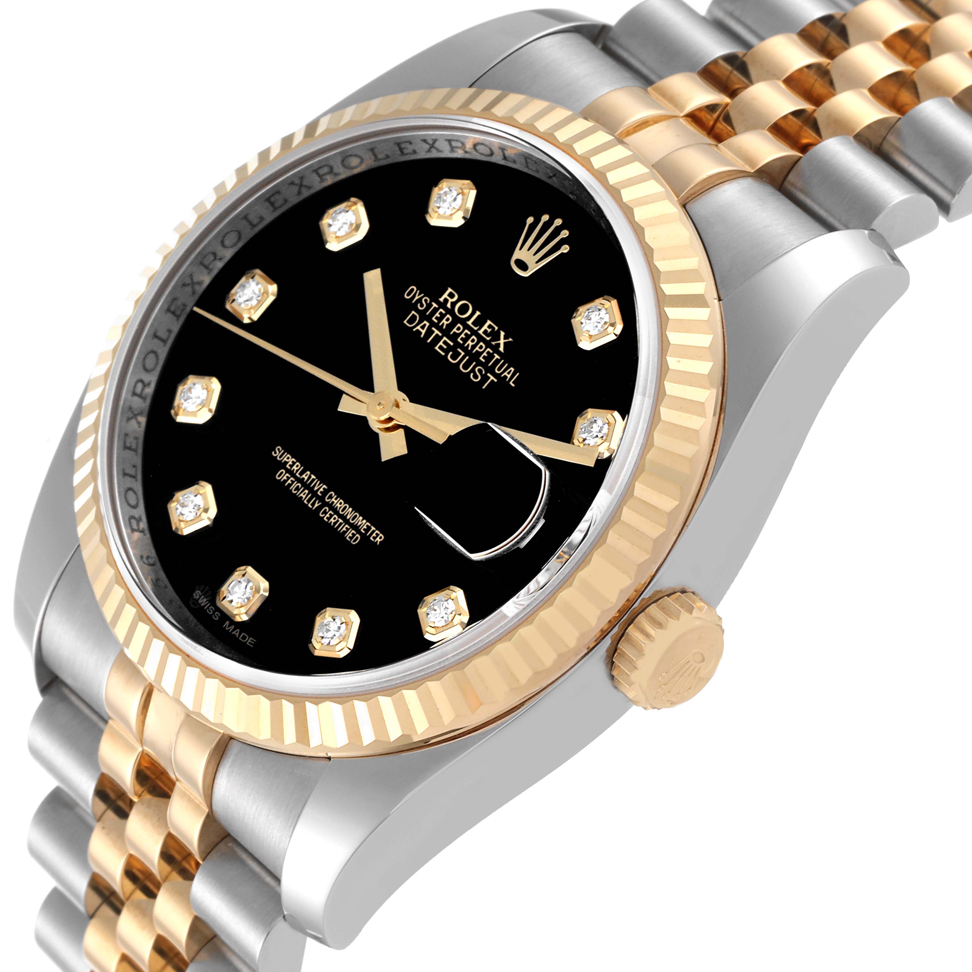 The image shows a Rolex Datejust 116233 Men's Steel and Gold (two tone) Black Dial 116233 Men's Steel and Gold (two tone) Black Dial watch from an angled side view, highlighting the dial, crown, bezel, and part of the bracelet.