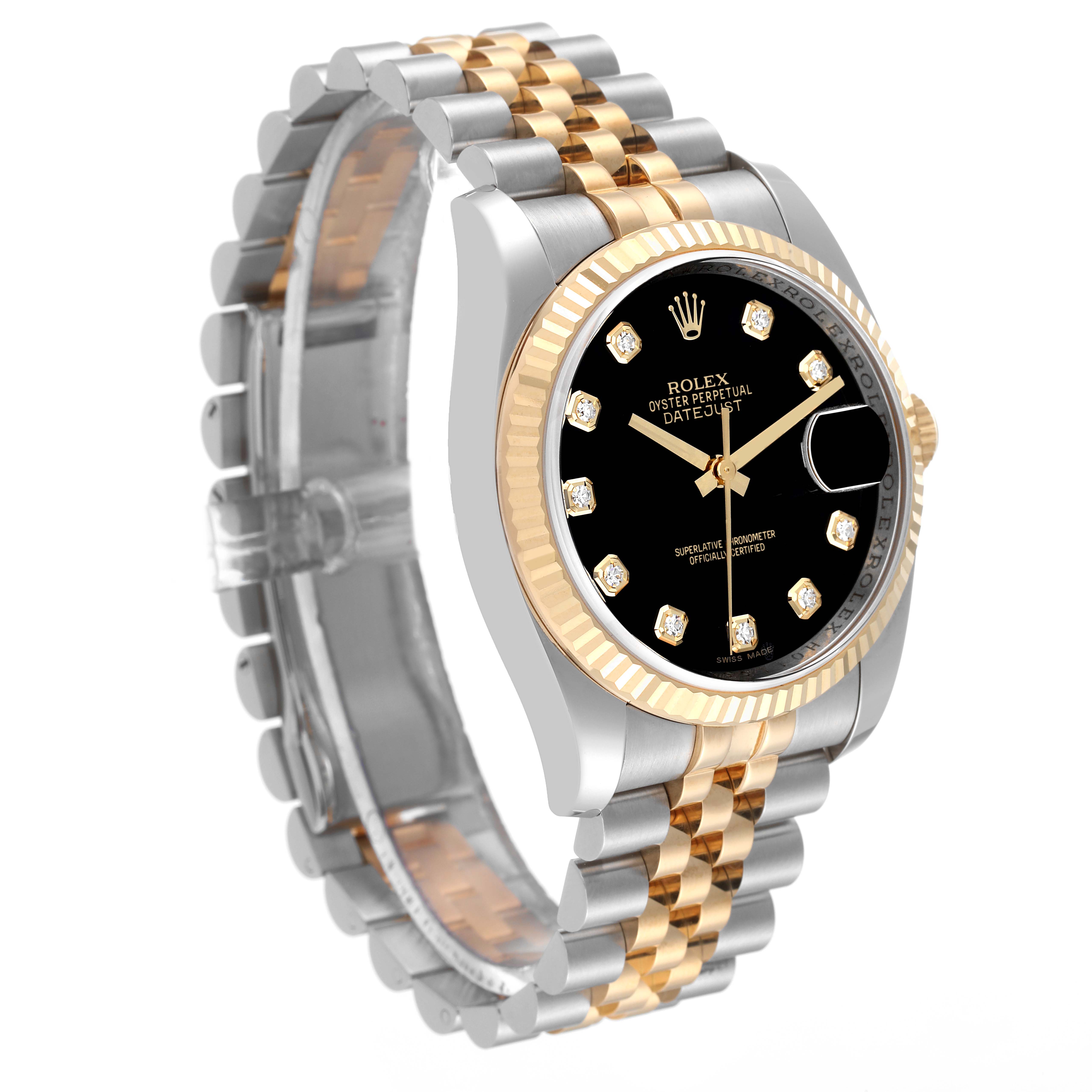 The Rolex Datejust 116233 Men's Steel and Gold (two tone) Black Dial 116233 Men's Steel and Gold (two tone) Black Dial watch is shown at a slight side angle, showcasing the black dial, gold fluted bezel, and two-tone bracelet.