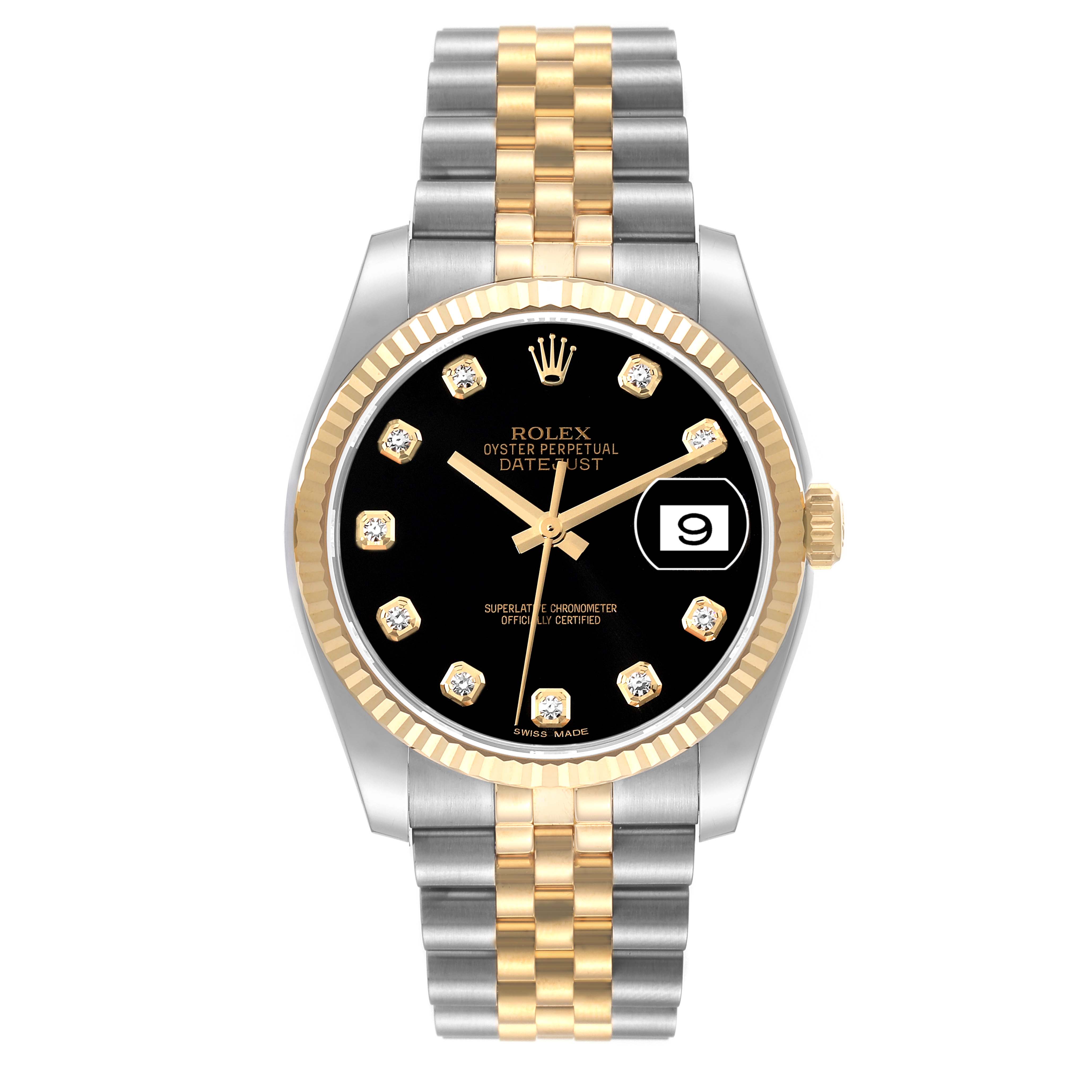 The image shows a frontal view of the Rolex Datejust 116233 Men's Steel and Gold (two tone) Black Dial 116233 Men's Steel and Gold (two tone) Black Dial watch featuring a two-tone bracelet, black dial, and date display.