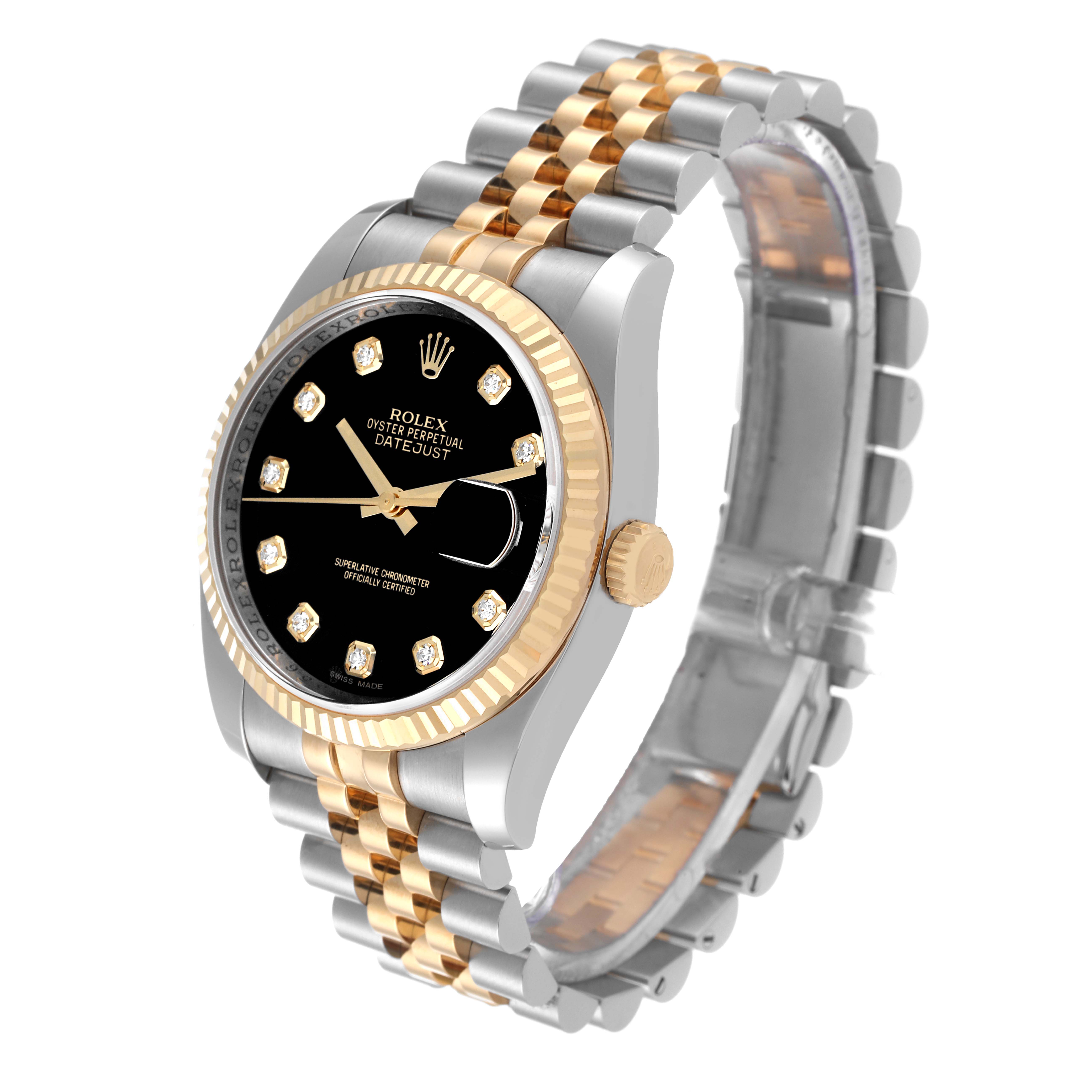 The image shows a side angle of a Rolex Datejust 116233 Men's Steel and Gold (two tone) Black Dial 116233 Men's Steel and Gold (two tone) Black Dial watch, highlighting its black dial, gold and silver Jubilee bracelet, and fluted bezel.