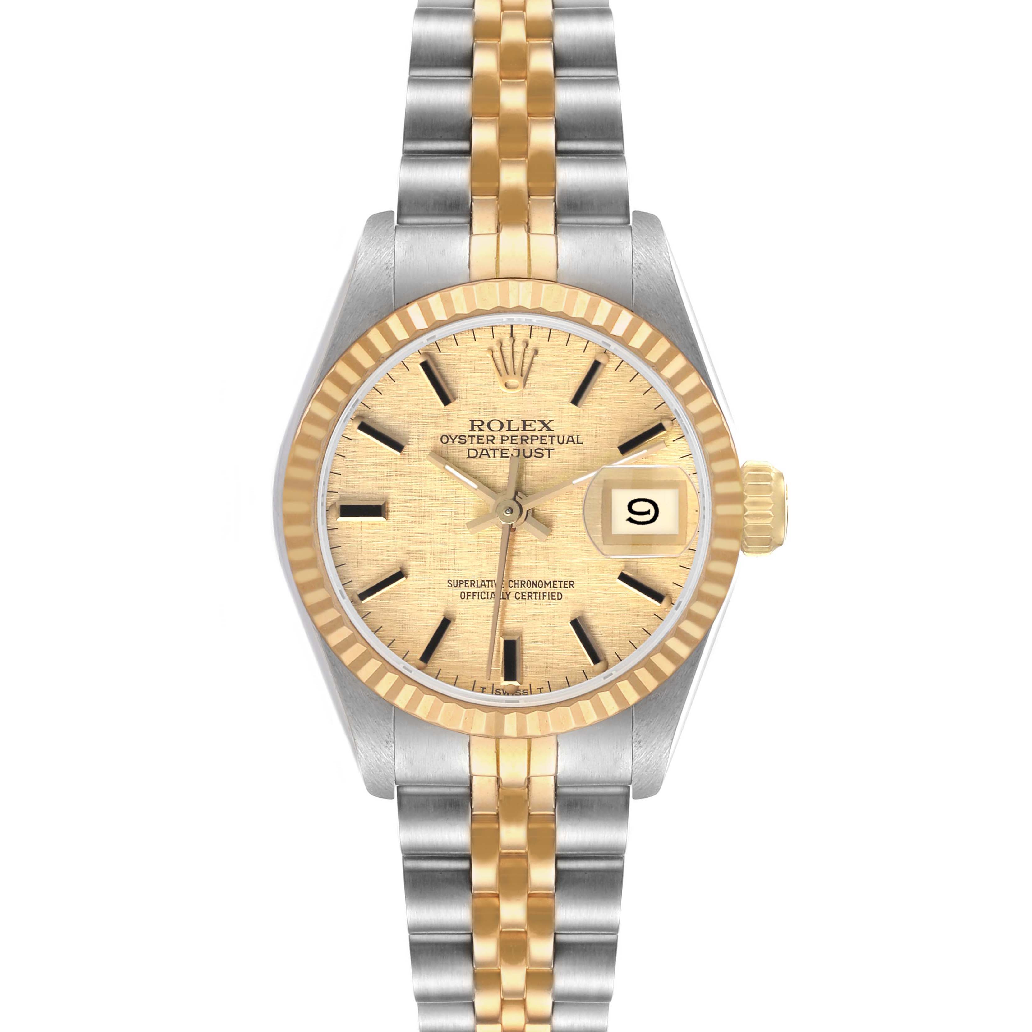 The Rolex Datejust 69173 Women's Steel and Gold (two tone) Champagne Dial watch is shown from a top view, highlighting its gold and stainless steel jubilee bracelet, bezel, and dial.