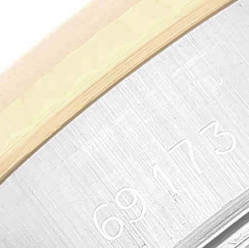 The image shows a close-up of the case side of a Rolex Datejust 69173 Women's Steel and Gold (two tone) Champagne Dial, highlighting the model number.