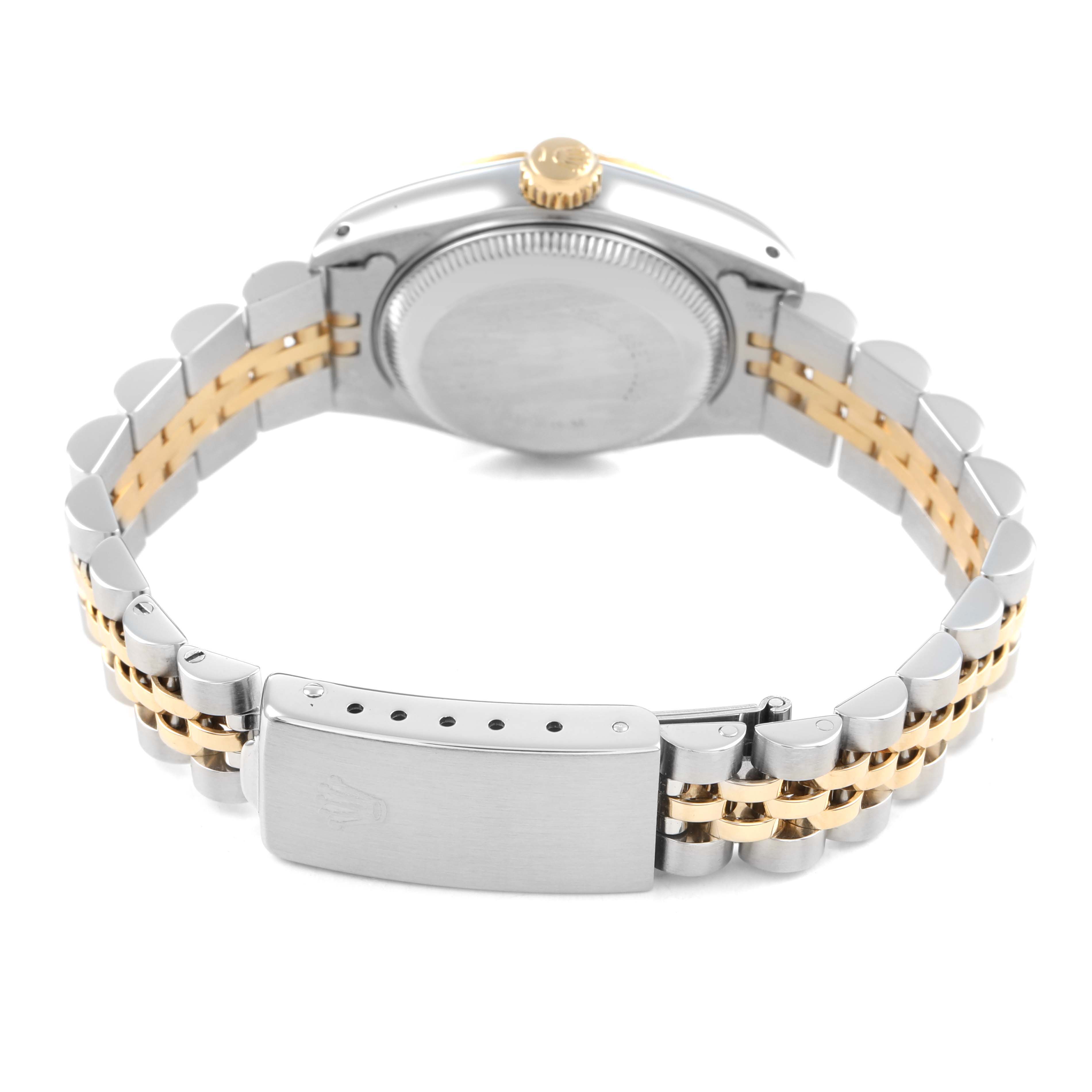 The Rolex Datejust 69173 Women's Steel and Gold (two tone) Champagne Dial watch is shown from the back, highlighting the clasp, bracelet, and case back.