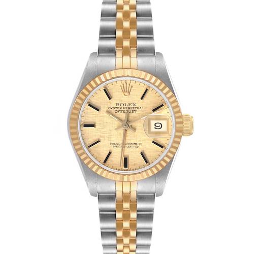 This image shows a frontal view of a Rolex Datejust 69173 Women's Steel and Gold (two tone) Champagne Dial, highlighting the dial, fluted bezel, and Jubilee bracelet.
