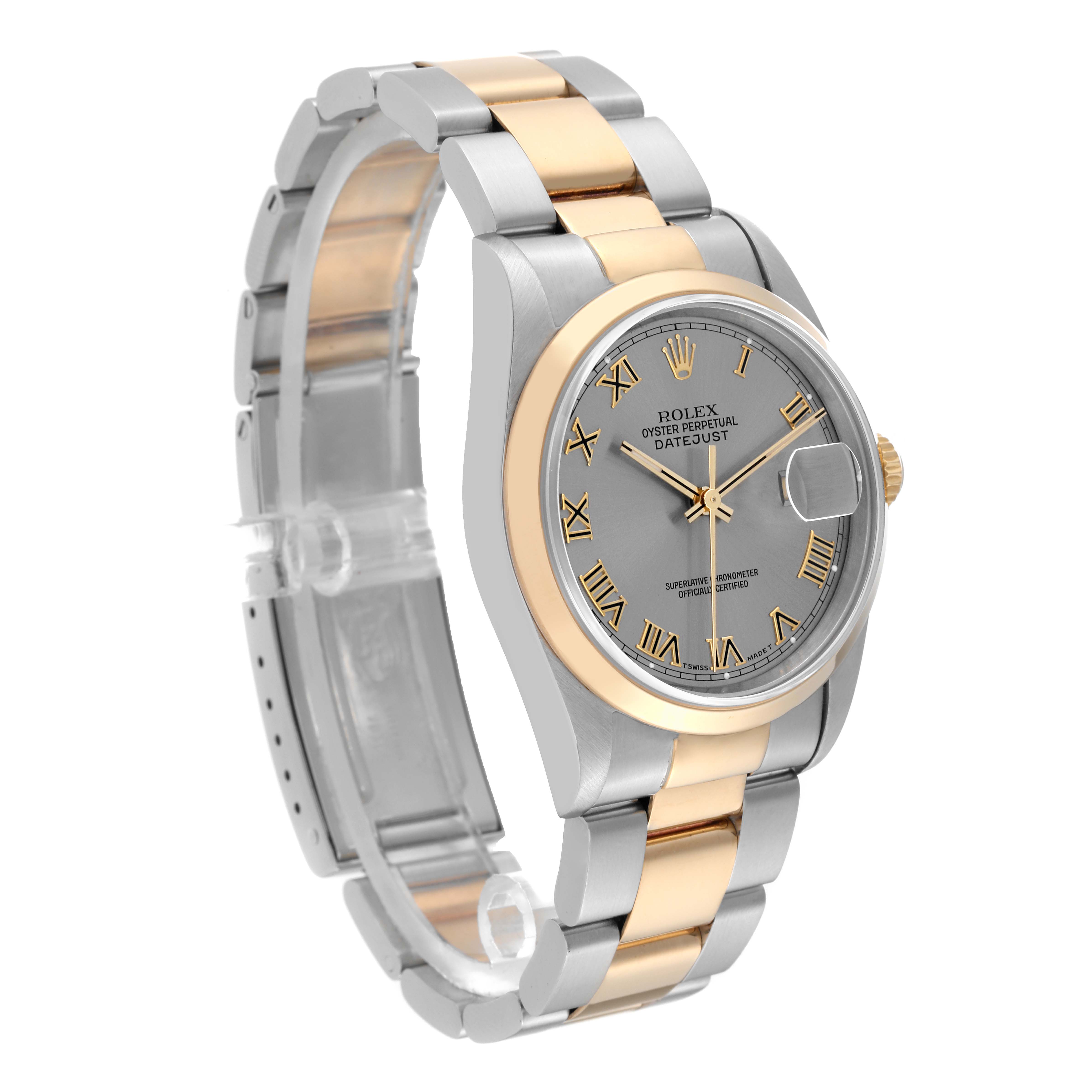The image shows a Rolex Datejust 16203 Men's Steel and Gold (two tone) Grey Dial 16203 Men's Steel and Gold (two tone) Grey Dial watch at an angled side view, highlighting its two-tone bracelet, gold bezel, and face with Roman numerals.