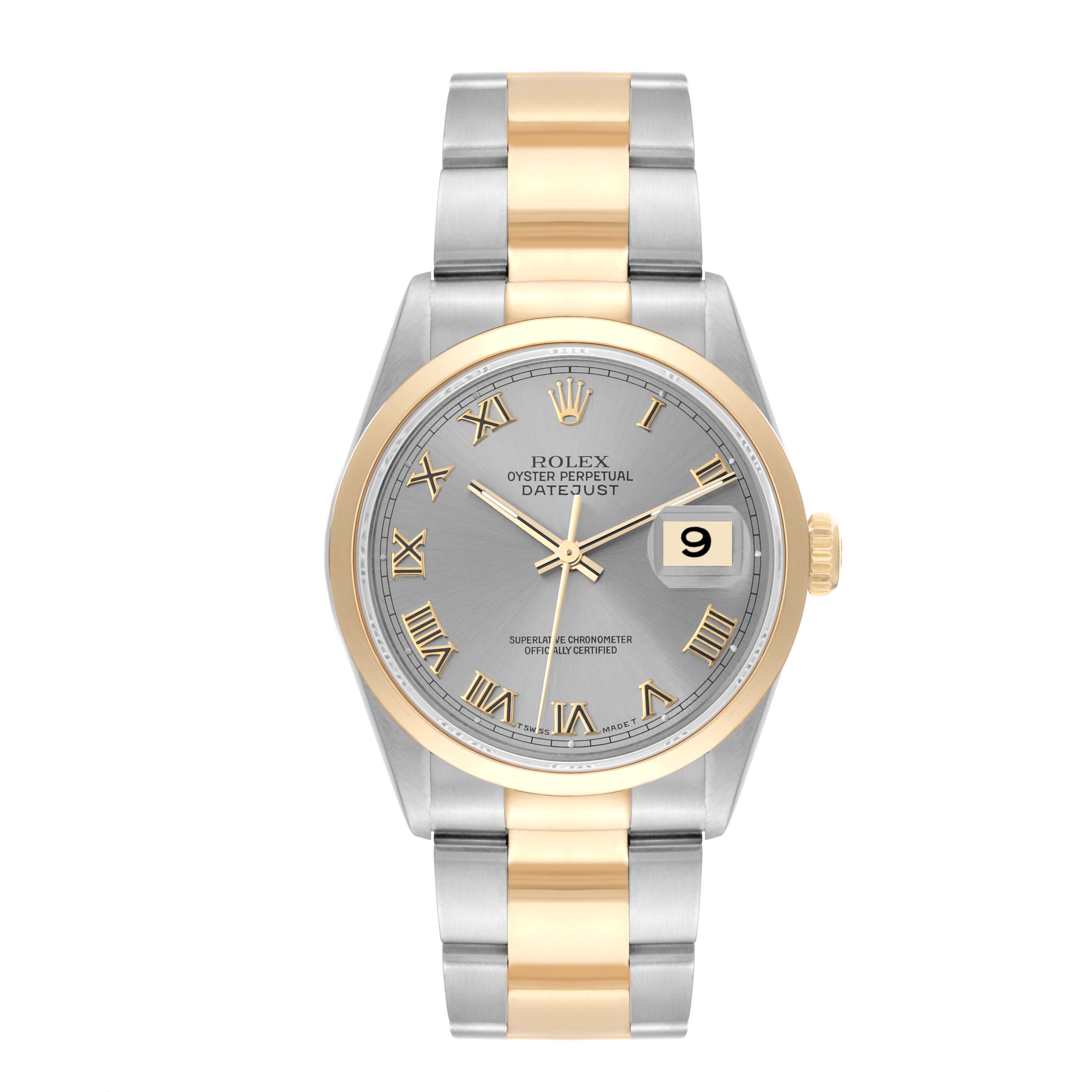 The image shows a frontal view of the Rolex Datejust 16203 Men's Steel and Gold (two tone) Grey Dial 16203 Men's Steel and Gold (two tone) Grey Dial watch, featuring a two-tone bracelet and a grey dial with gold Roman numerals.