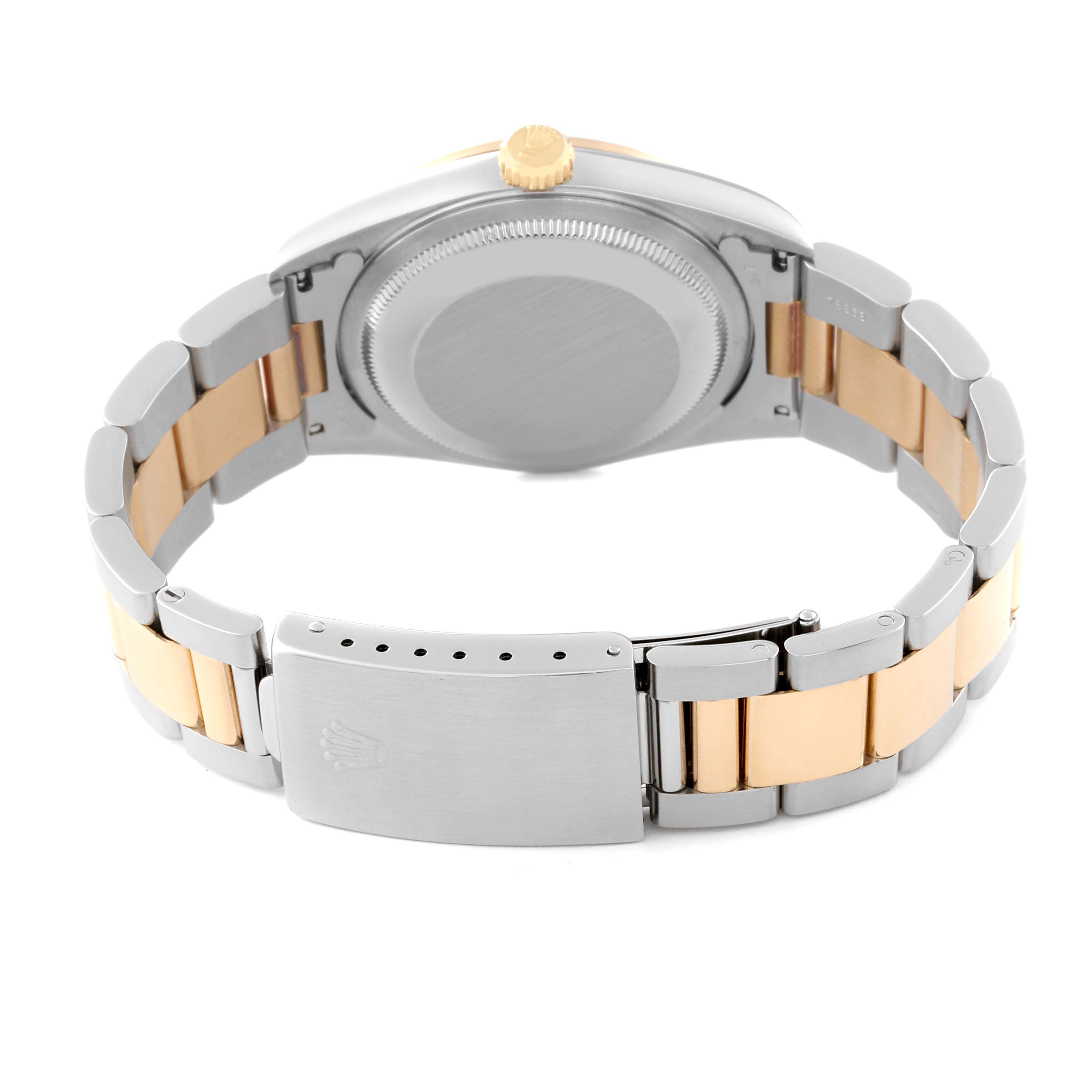 The image shows the back view of a Rolex Datejust 16203 Men's Steel and Gold (two tone) Grey Dial 16203 Men's Steel and Gold (two tone) Grey Dial watch, highlighting the case back, bracelet, and clasp.