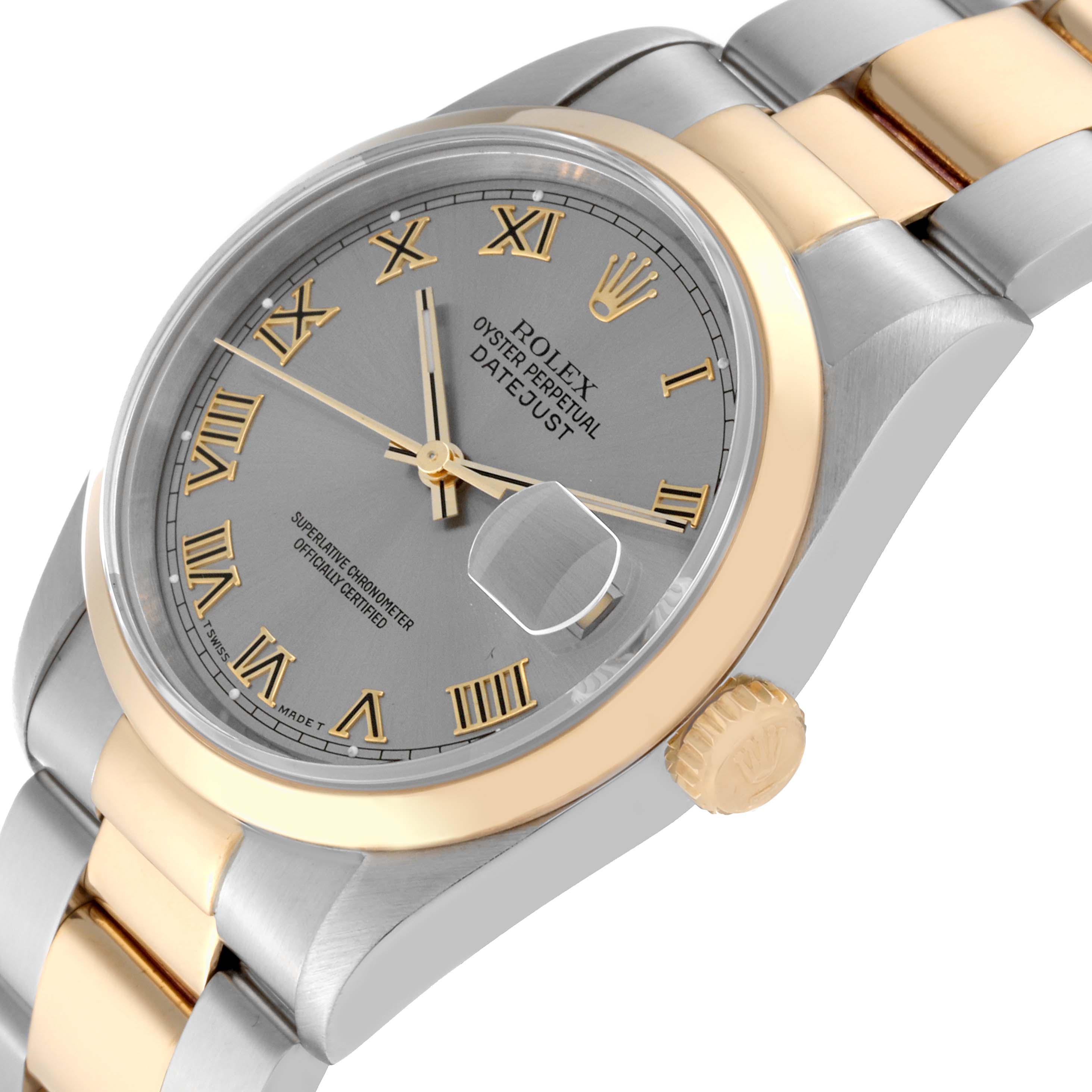 This image shows a side view of the Rolex Datejust 16203 Men's Steel and Gold (two tone) Grey Dial 16203 Men's Steel and Gold (two tone) Grey Dial watch, highlighting the dial, bezel, and bracelet with the crown partially visible.