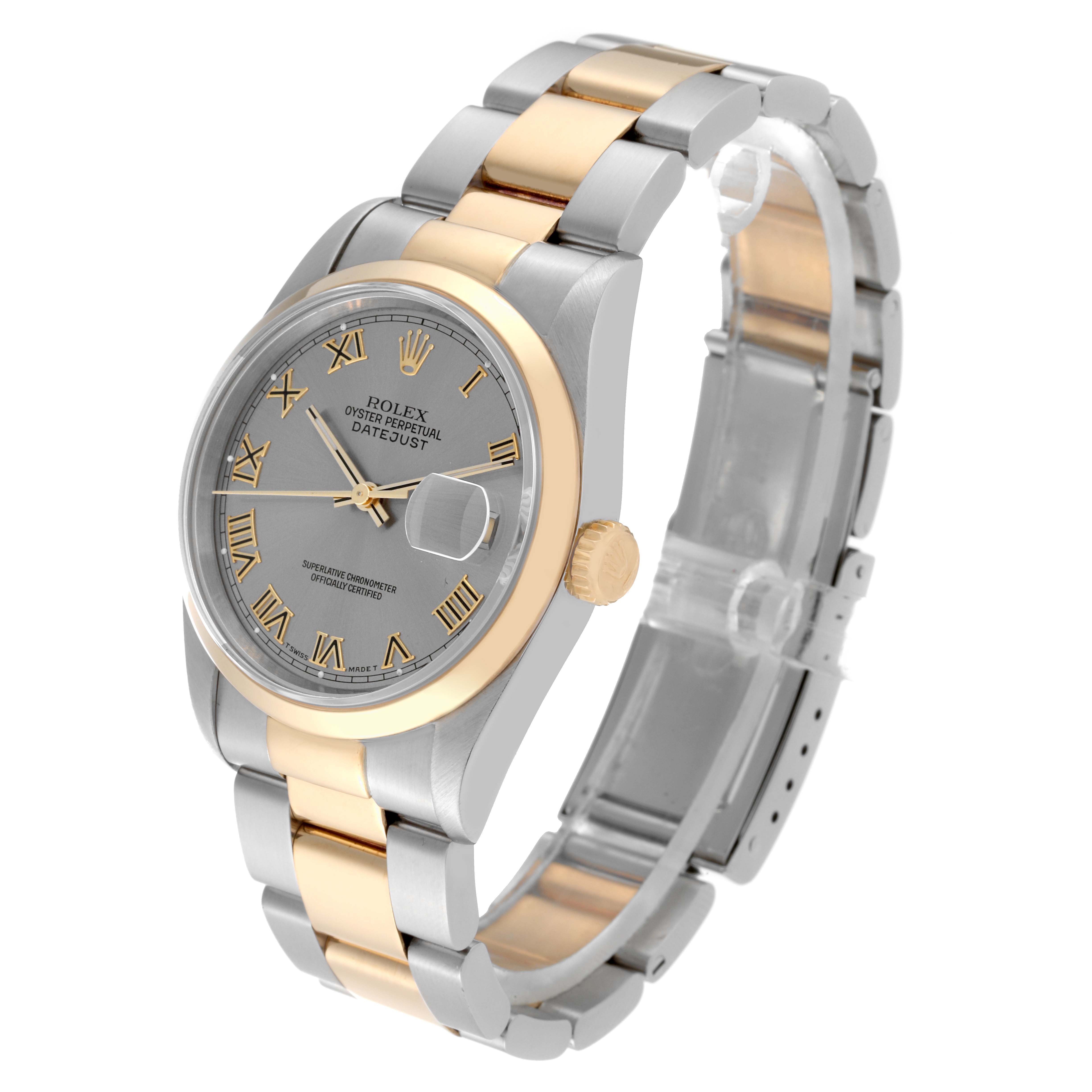 This is a two-tone Rolex Datejust 16203 Men's Steel and Gold (two tone) Grey Dial 16203 Men's Steel and Gold (two tone) Grey Dial watch showing a side perspective, highlighting the dial, crown, and bracelet.