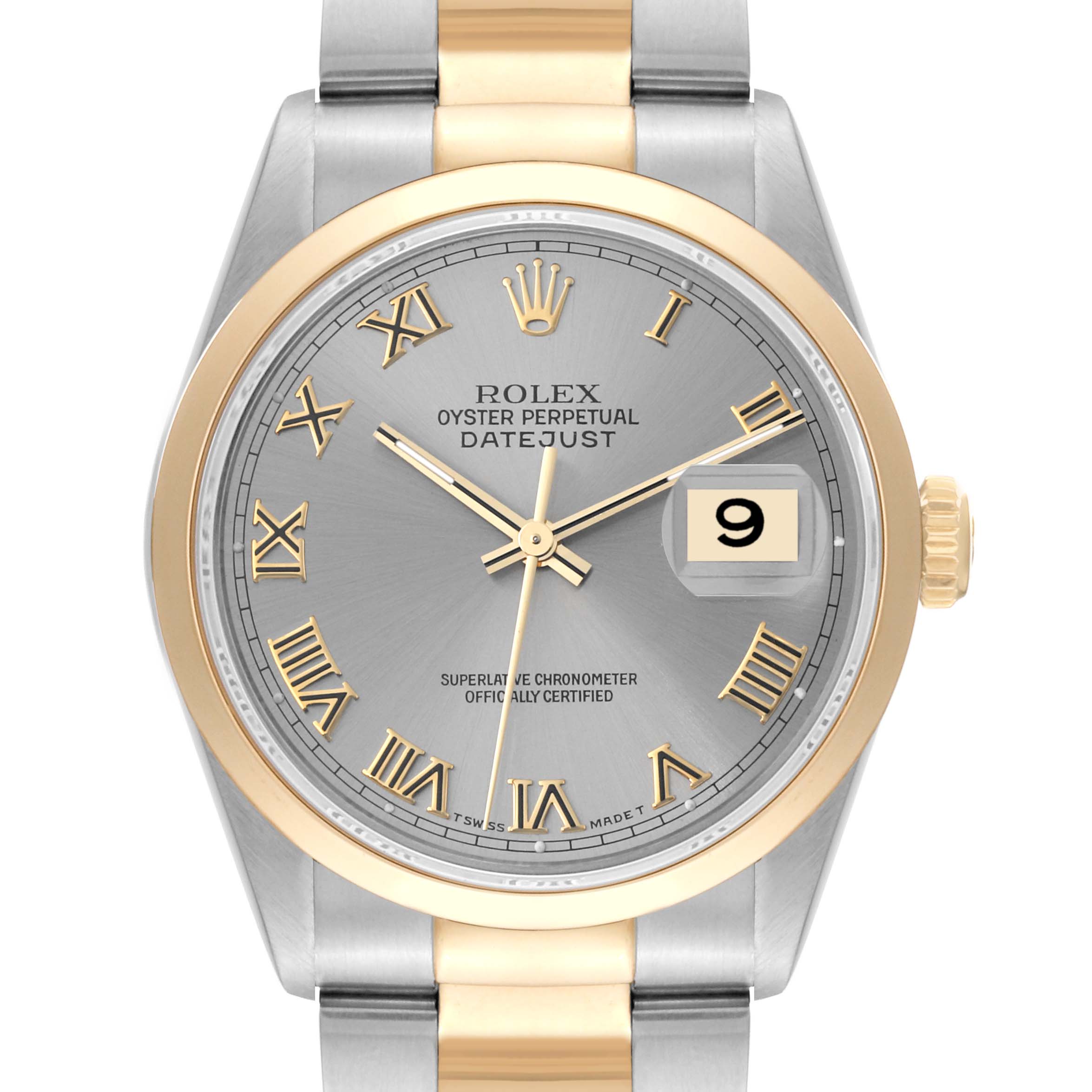This is a front view of a Rolex Datejust 16203 Men's Steel and Gold (two tone) Grey Dial 16203 Men's Steel and Gold (two tone) Grey Dial watch showcasing the dial, bezel, crown, and bracelet.
