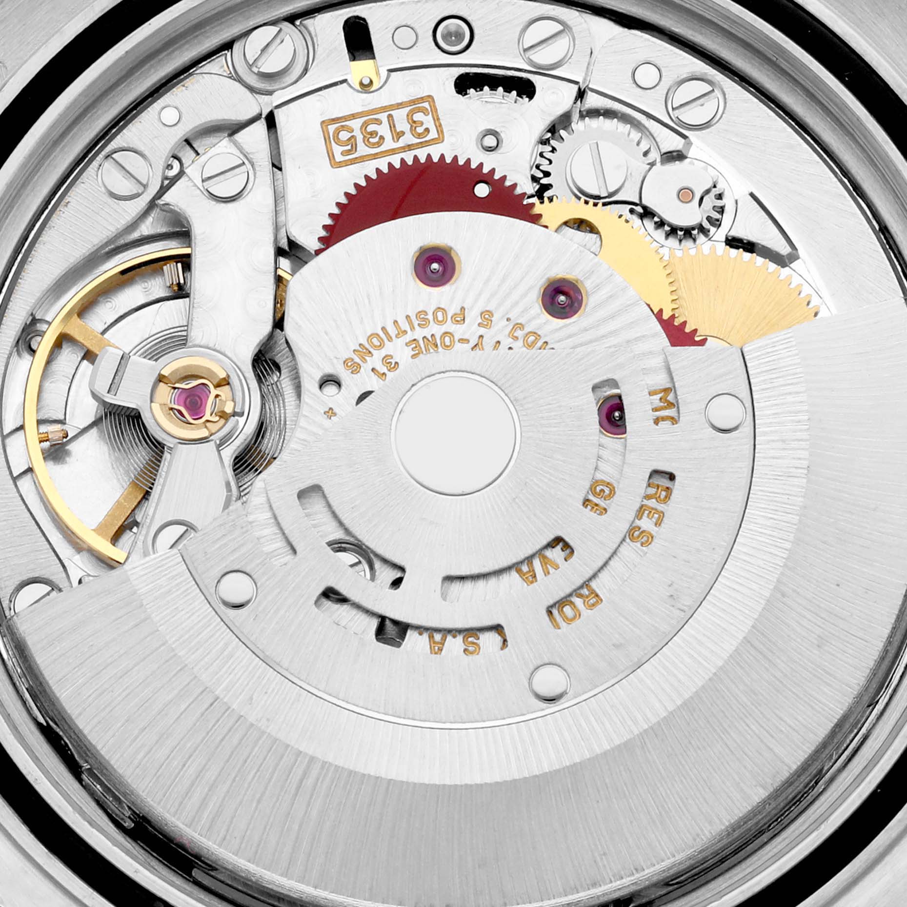 This image shows a close-up view of the intricate internal mechanical movement of the Rolex Datejust 16203 Men's Steel and Gold (two tone) Grey Dial 16203 Men's Steel and Gold (two tone) Grey Dial watch model.