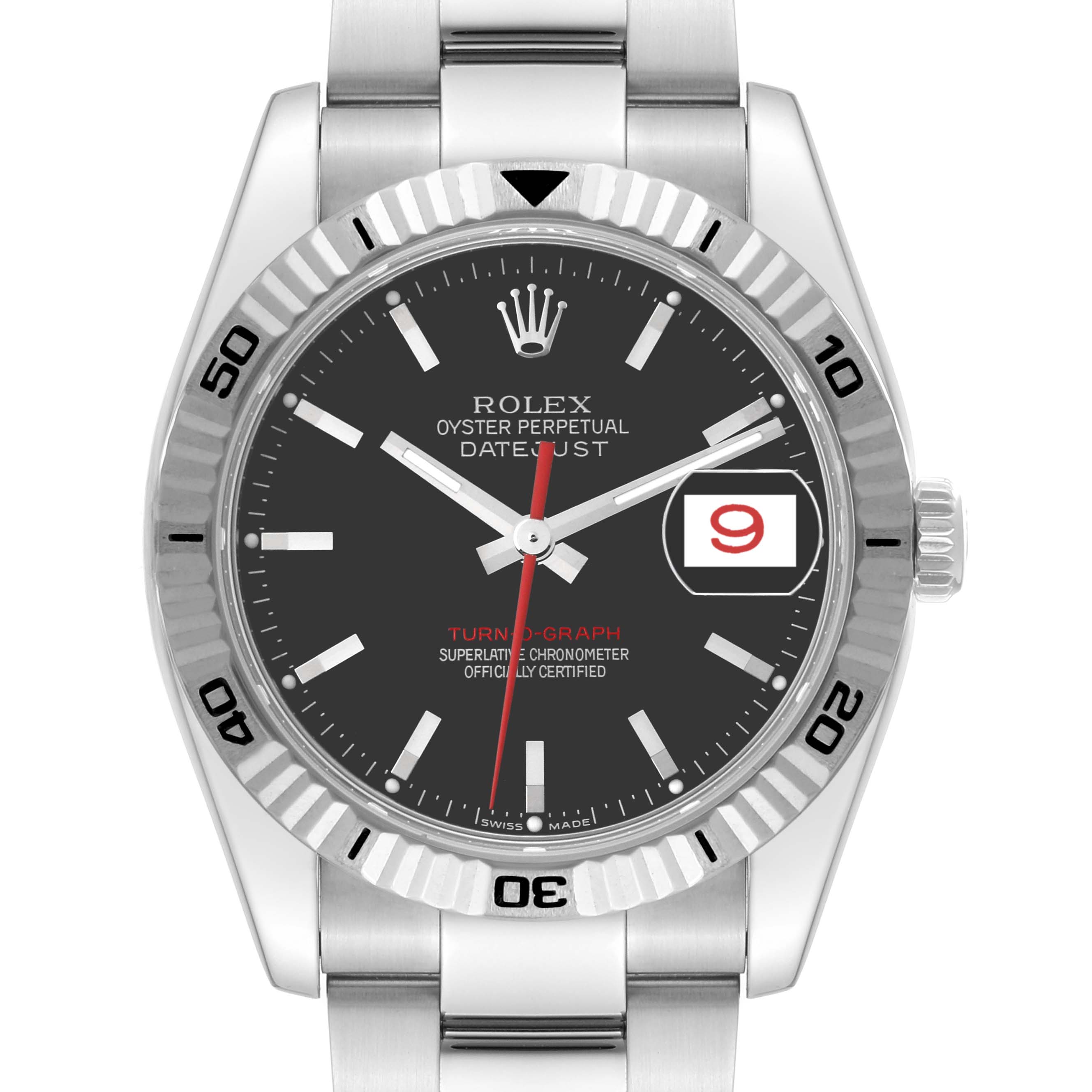The image shows a front view of a Rolex Turn-o-Graph 116264 Men's Stainless Steel Black Dial 116264 Men's Stainless Steel Black Dial watch, highlighting the dial, bezel, and part of the bracelet.