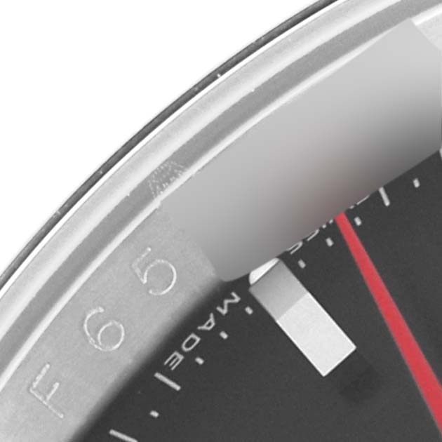 The image shows a partial close-up of the dial and bezel of a Rolex Turn-o-Graph 116264 Men's Stainless Steel Black Dial 116264 Men's Stainless Steel Black Dial watch, focusing on the red second hand and the indices.