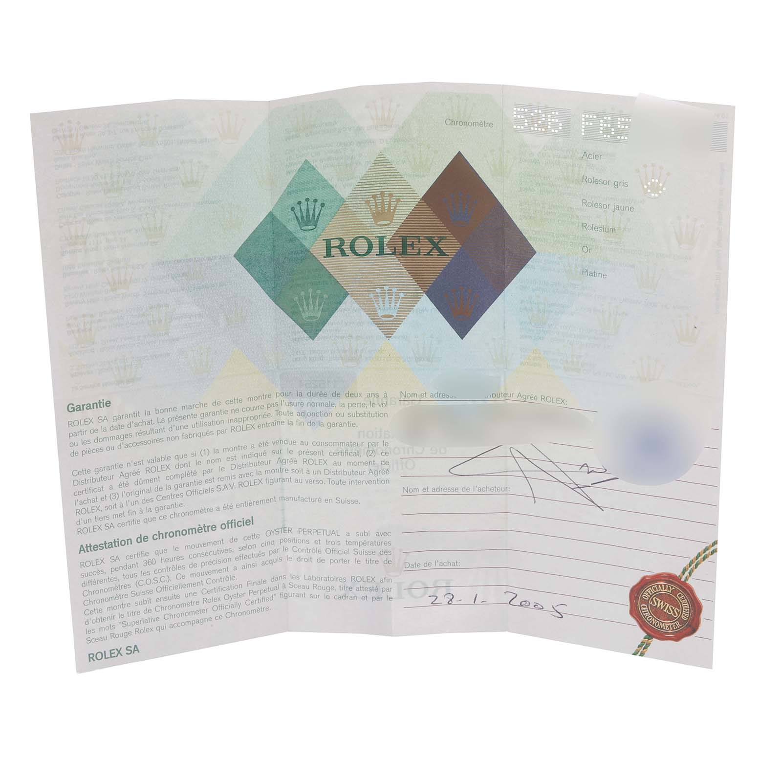 This image shows a warranty certificate for the Rolex Turn-o-Graph 116264 Men's Stainless Steel Black Dial 116264 Men's Stainless Steel Black Dial model, featuring the brand's logo and signature elements.