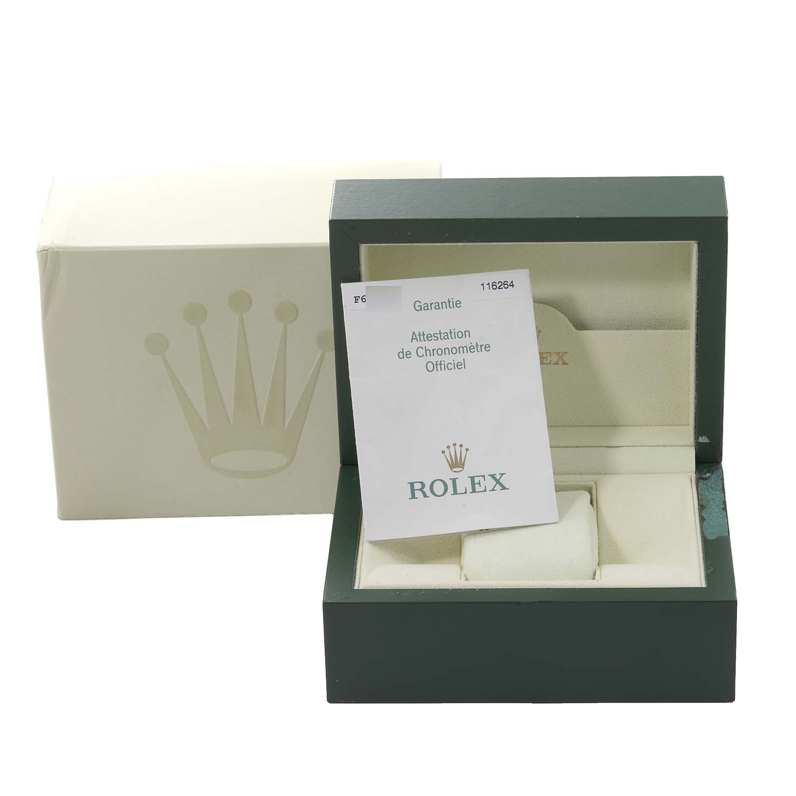 The image shows the packaging and warranty card for a Rolex Turn-o-Graph 116264 Men's Stainless Steel Black Dial 116264 Men's Stainless Steel Black Dial watch, with the box open.