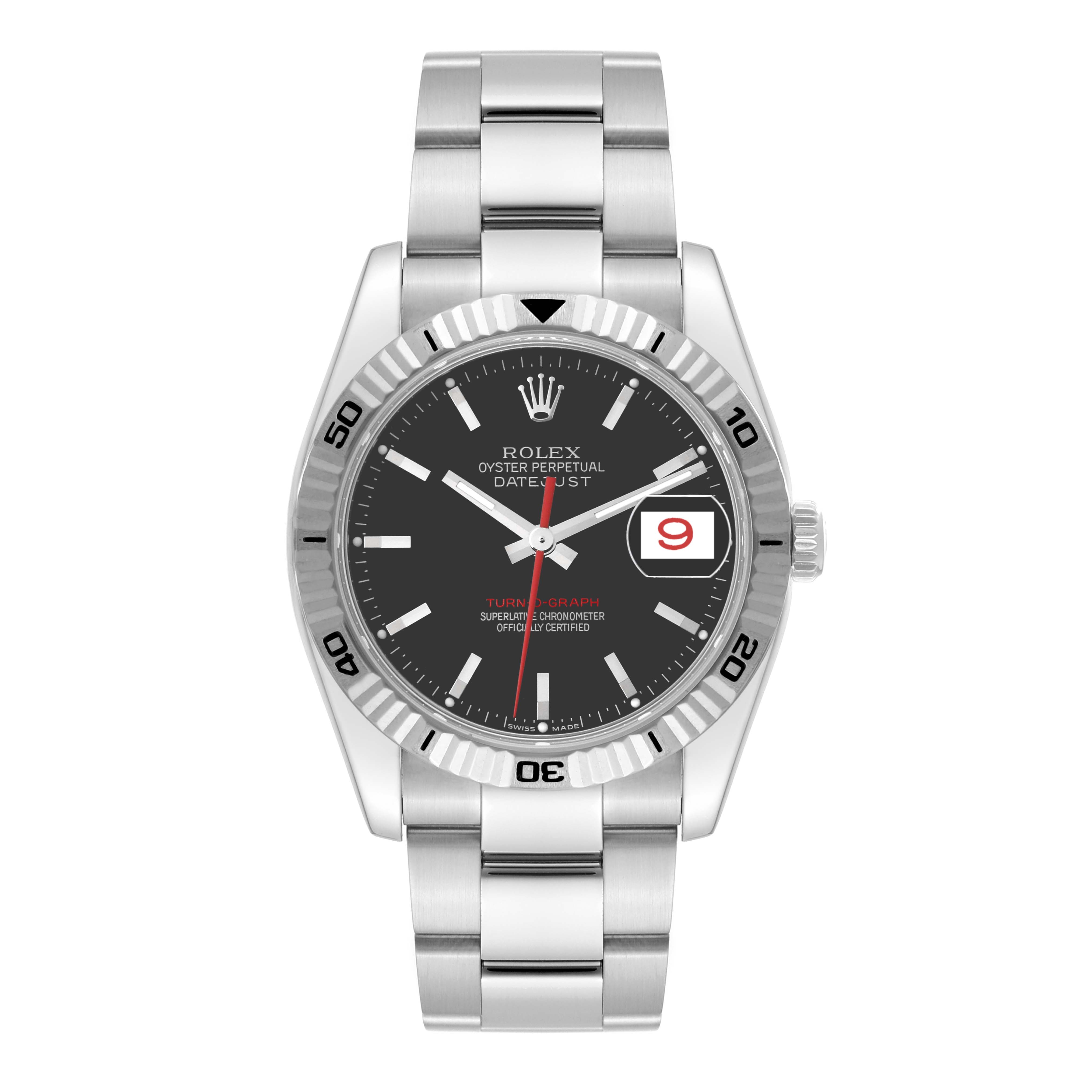 The image shows a Rolex Turn-o-Graph 116264 Men's Stainless Steel Black Dial 116264 Men's Stainless Steel Black Dial watch, viewed from the front, displaying the dial, bezel, and bracelet.