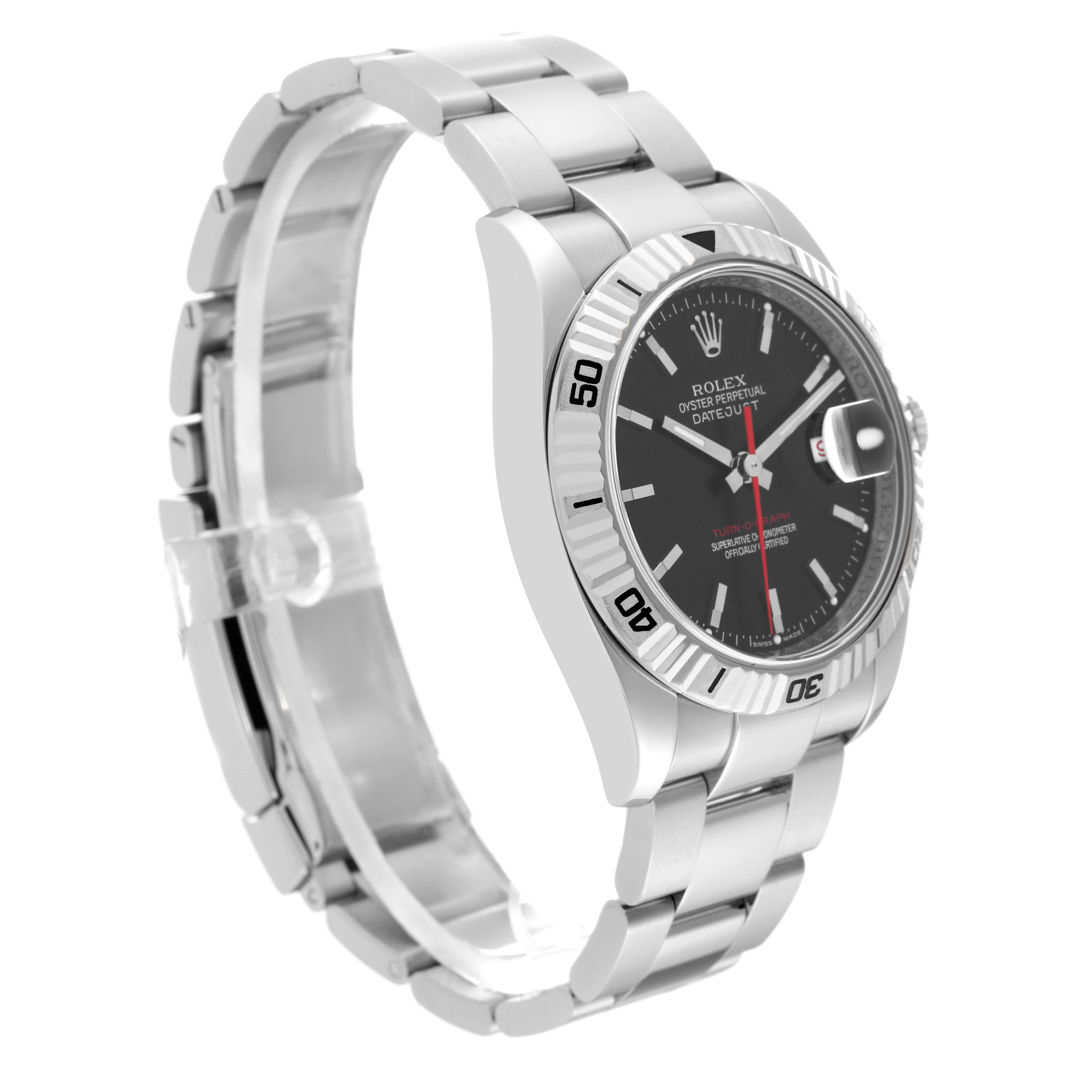 This image shows a side angled view of the Rolex Turn-o-Graph 116264 Men's Stainless Steel Black Dial 116264 Men's Stainless Steel Black Dial watch, highlighting the dial, bezel, and metal bracelet.