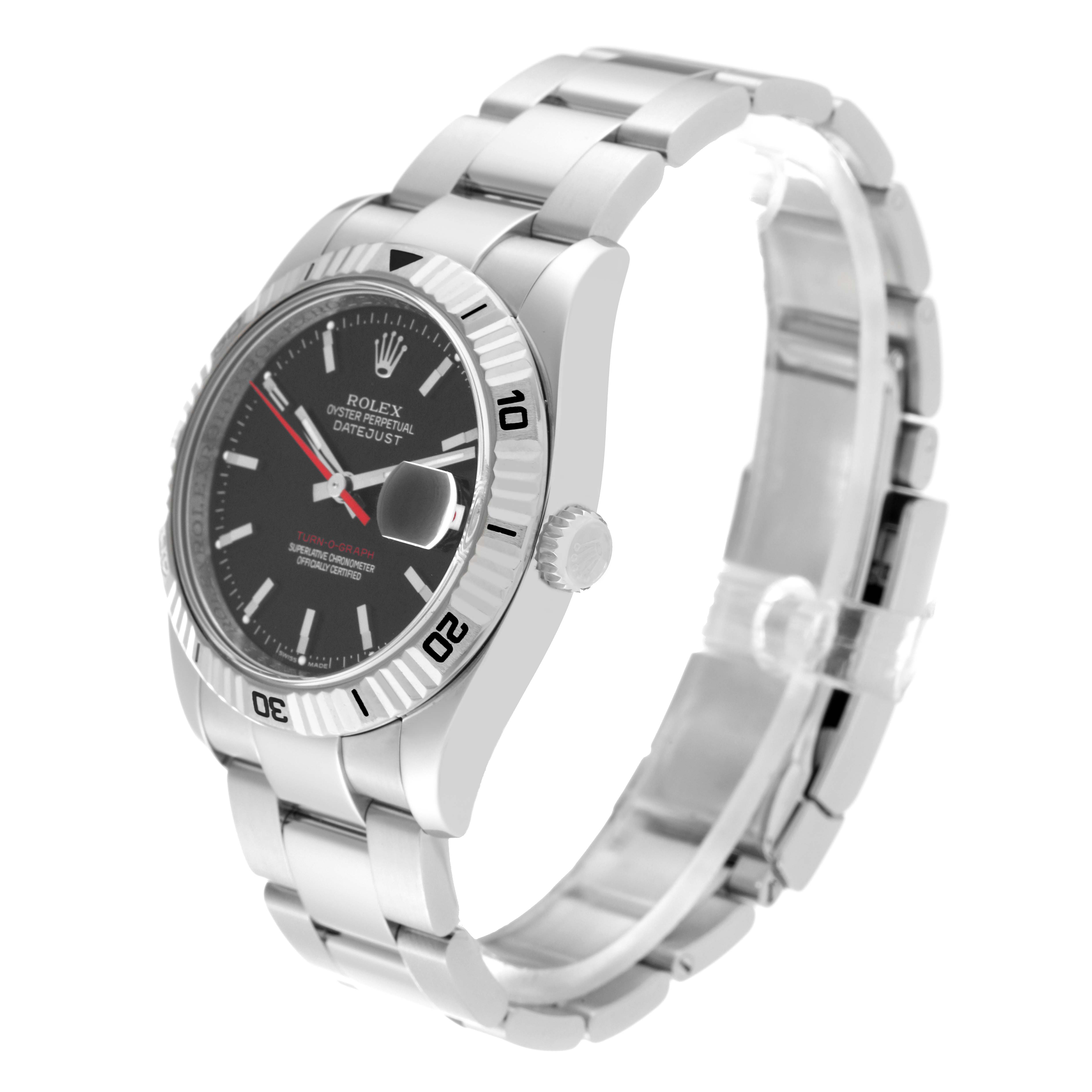 The Rolex Turn-o-Graph 116264 Men's Stainless Steel Black Dial 116264 Men's Stainless Steel Black Dial watch is shown at a three-quarter angle, highlighting its dial, bezel, and metal strap.
