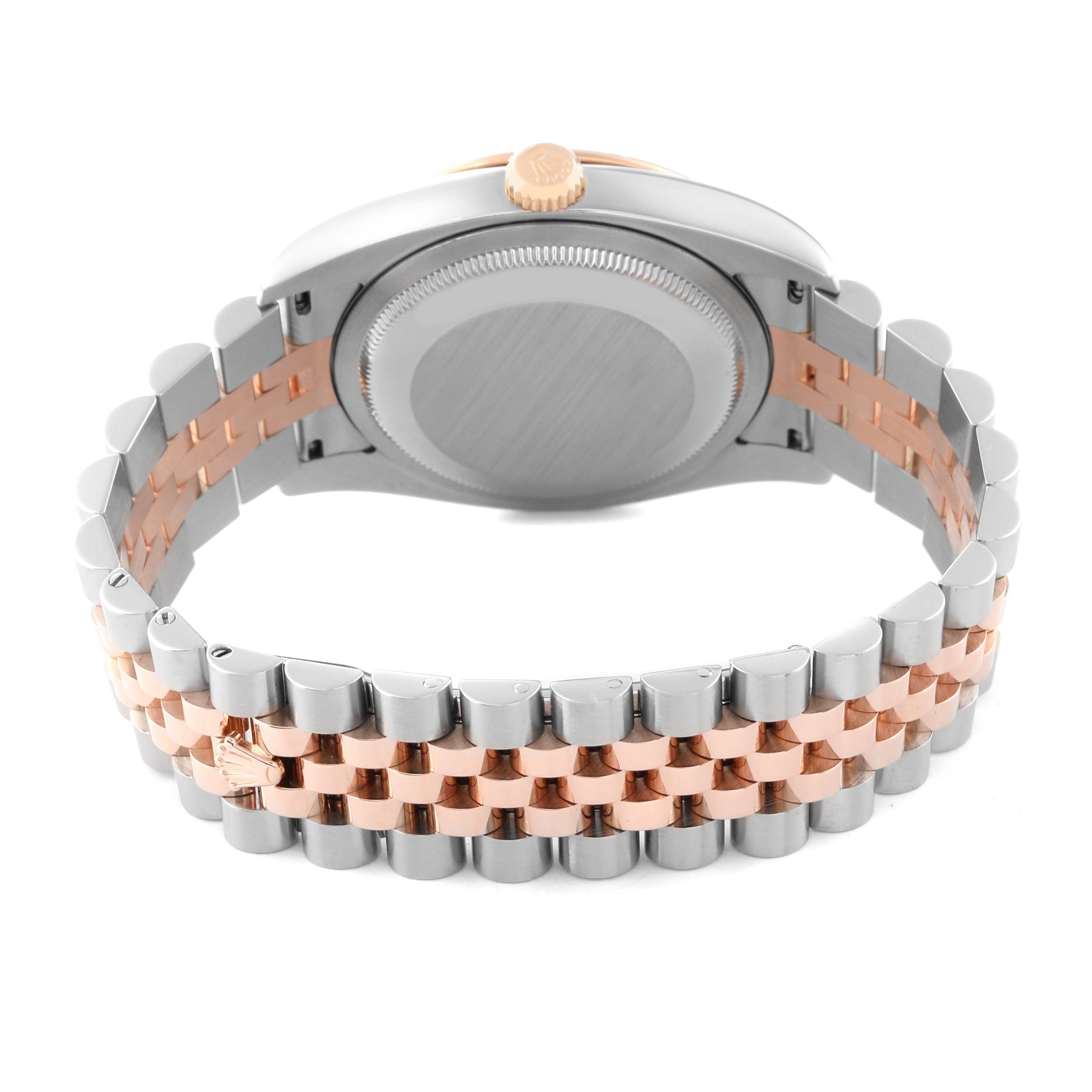 This image shows the back of the Rolex Turn-o-Graph 116261 Men
s Steel and Gold (two tone) White Dial 116261 Men
s Steel and Gold (two tone) White Dial watch, highlighting its case, screw-down crown, and two-tone bracelet.