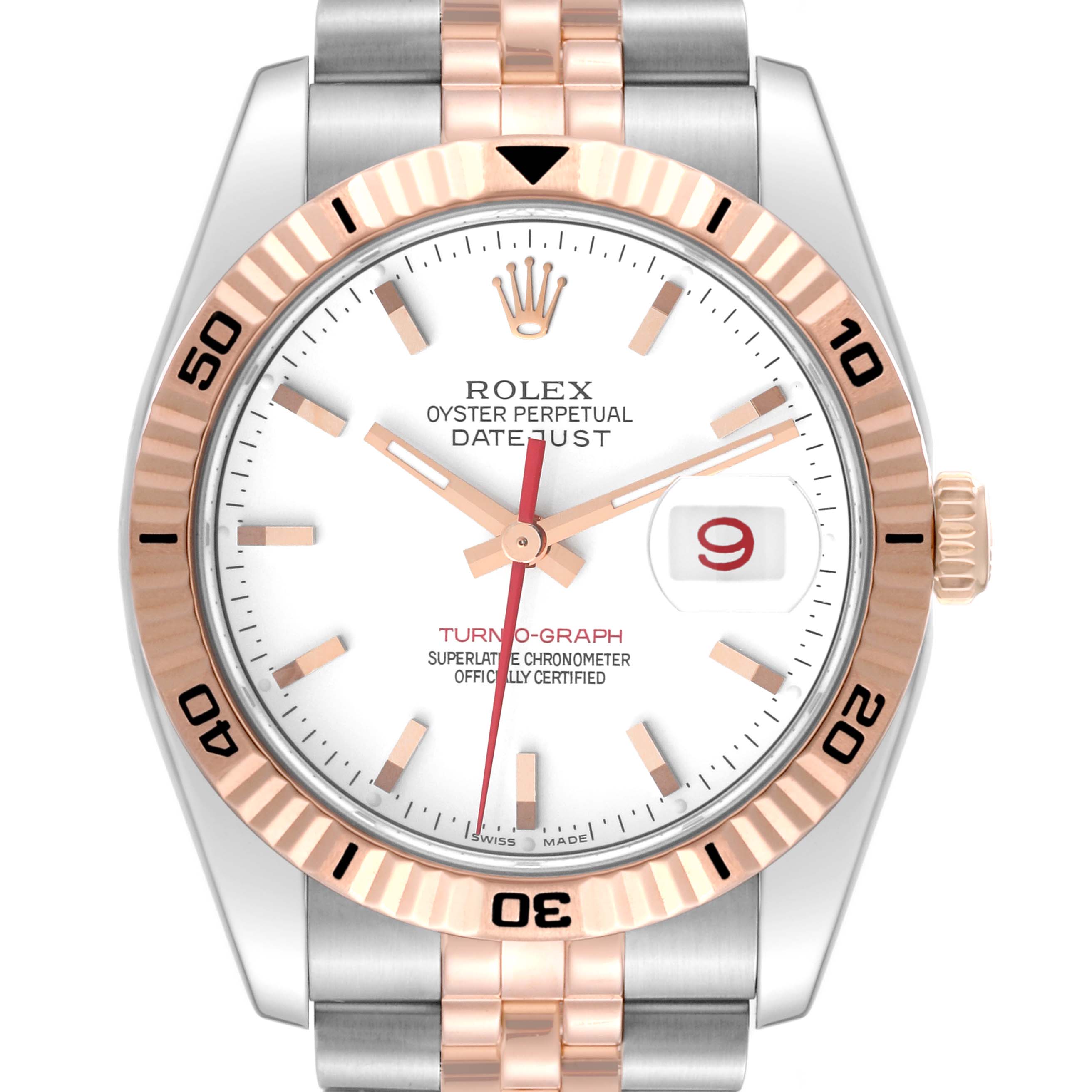 This image shows a front view of the Rolex Turn-o-Graph 116261 Men
s Steel and Gold (two tone) White Dial 116261 Men
s Steel and Gold (two tone) White Dial watch, highlighting its bezel, dial, crown, and bracelet.